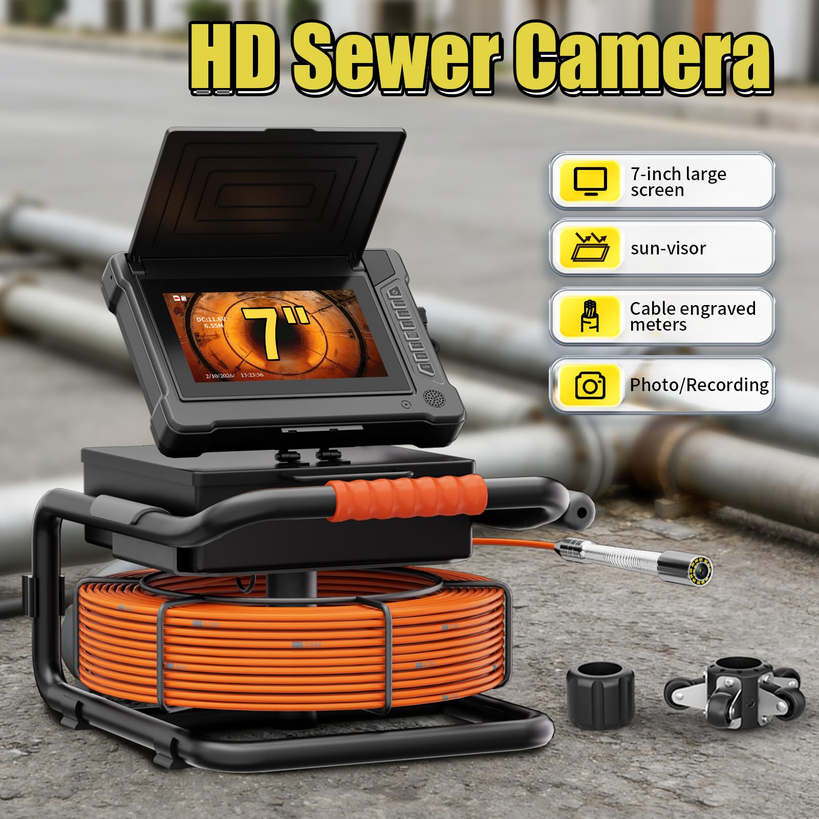 7"AHD Display Detector De Drenajes,1080P HD Borescope,Cámara De Tuberías,Cable Con Marcas Métricas,Sonda 23mm,12 Lámparas LED Blancas,Tarjeta 32G Incluida,Inspección Conductos Ingenie(Size:20 M/65 FT)
