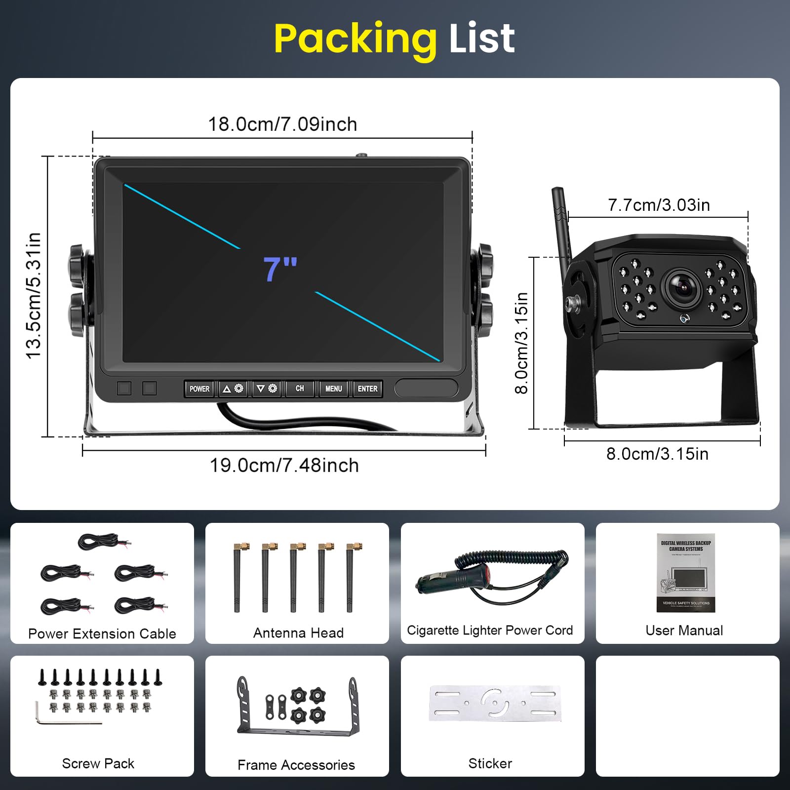 Hodozzy Digital Wireless Rückfahrkamera Set Monitor 4 Kameras Geteilter Bildschirm 7 Zoll Aufnahme Video Wasserdicht Nachtsicht Front-Seitenansicht Rück Kamera Funk für PKW LKW Wohnmobil 12V-24V-36V