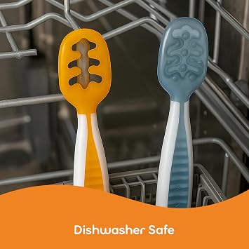 NumNum Baby Spoons Self Feeding 6 Months, 2-Pack Blue/Orange | First Stage Silicone Pre Spoon Utensils For Baby Led Weaning, BPA Free Baby Feeding Essentials, Dishwasher Safe