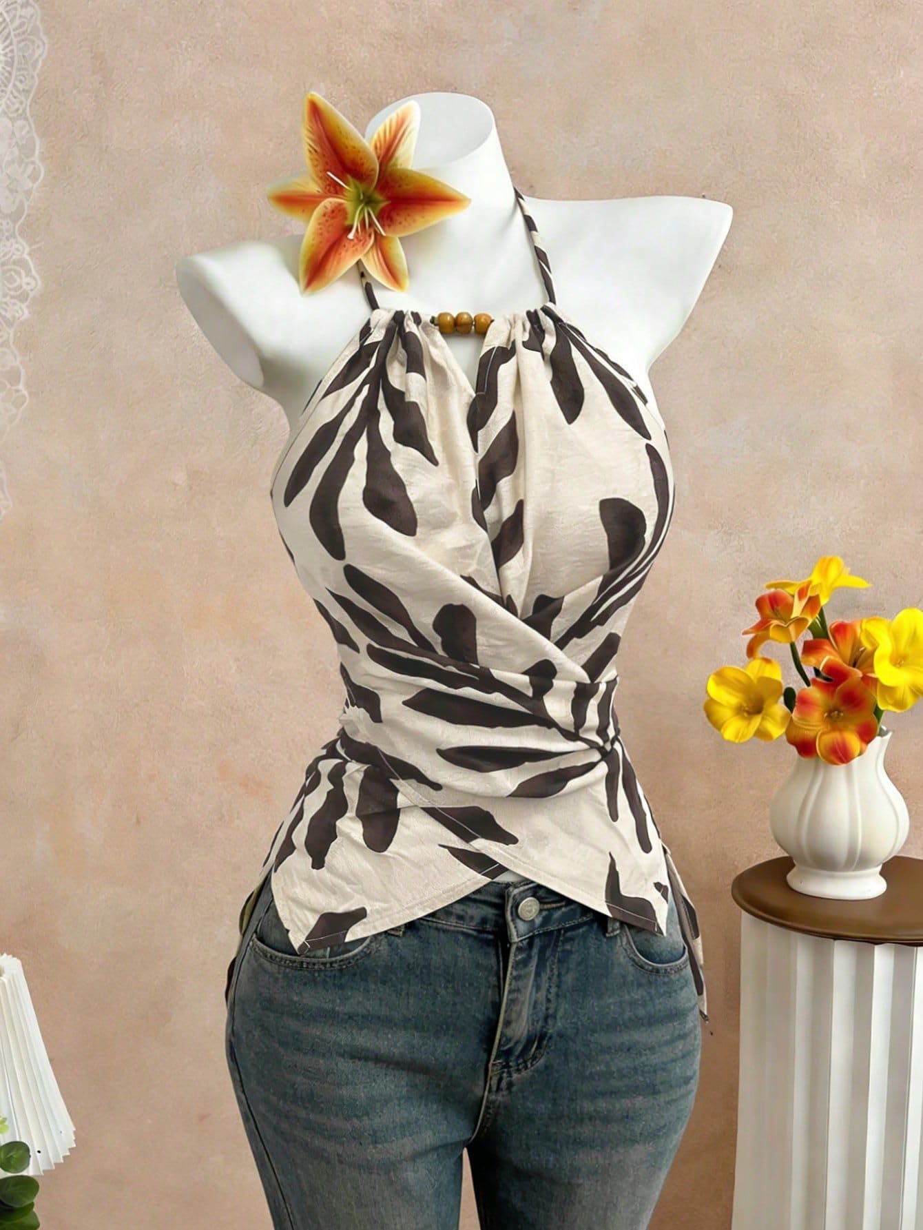 Ausgeh-Tops für Damen, Blattdruck, Bluse, Perlenausschnitt, Wickelvorn, unregelmäßiger Saum, schmale Passform, Neckholder-Tops für Damen
