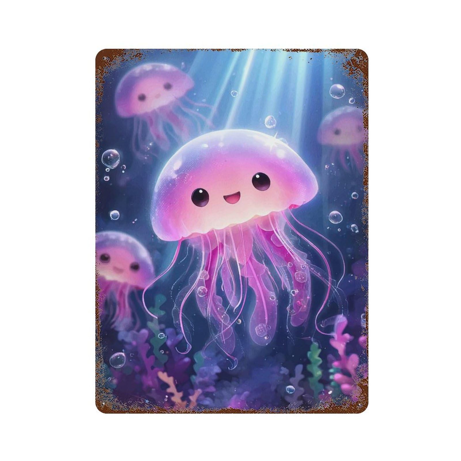 Cute Pink Jellyfish Cartoon Illustration Rusty Metal Tin Sign 15.7"x11.8", Ideal for Patio, Garden Room And Bar Decor