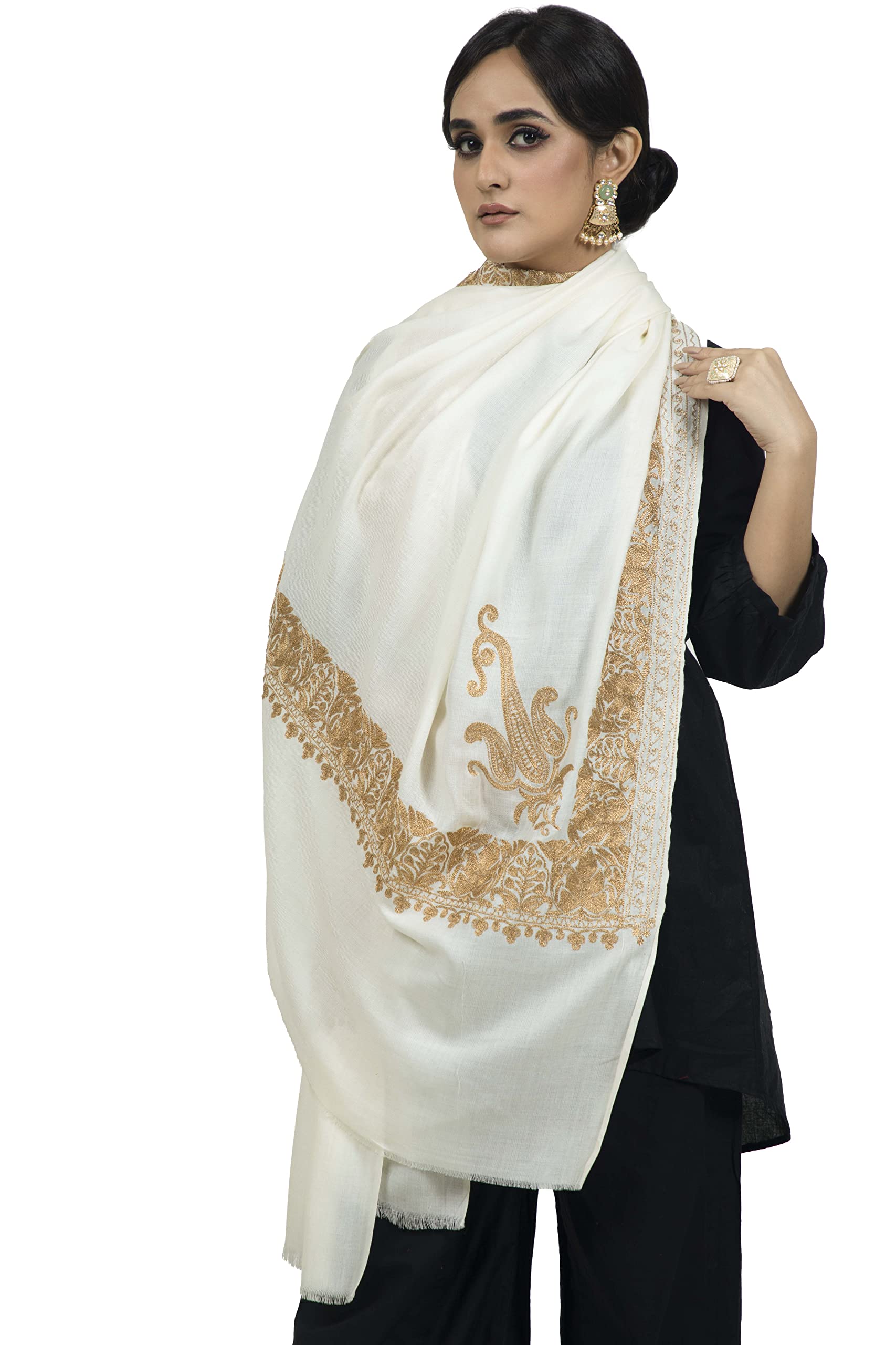 Women's Soft Ethnic Ivory Cream Kunj Metallic Golden Zari Embroidery Shawl Faux Pashmina Kashmiri Shawl Extra Soft and Warm Cashmere Feel Pashmina Shawl Casual stole wraps-image-2