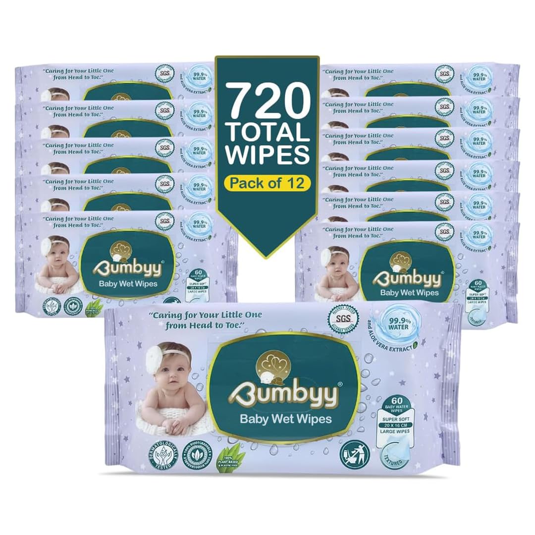 Lot de 12 lingettes humides biodégradables pour bébé, 99,9 % à base d'eau, non parfumées à l'aloe vera et à l'extrait de camomille, 100 % à base de plantes, sans alcool et sans chlore