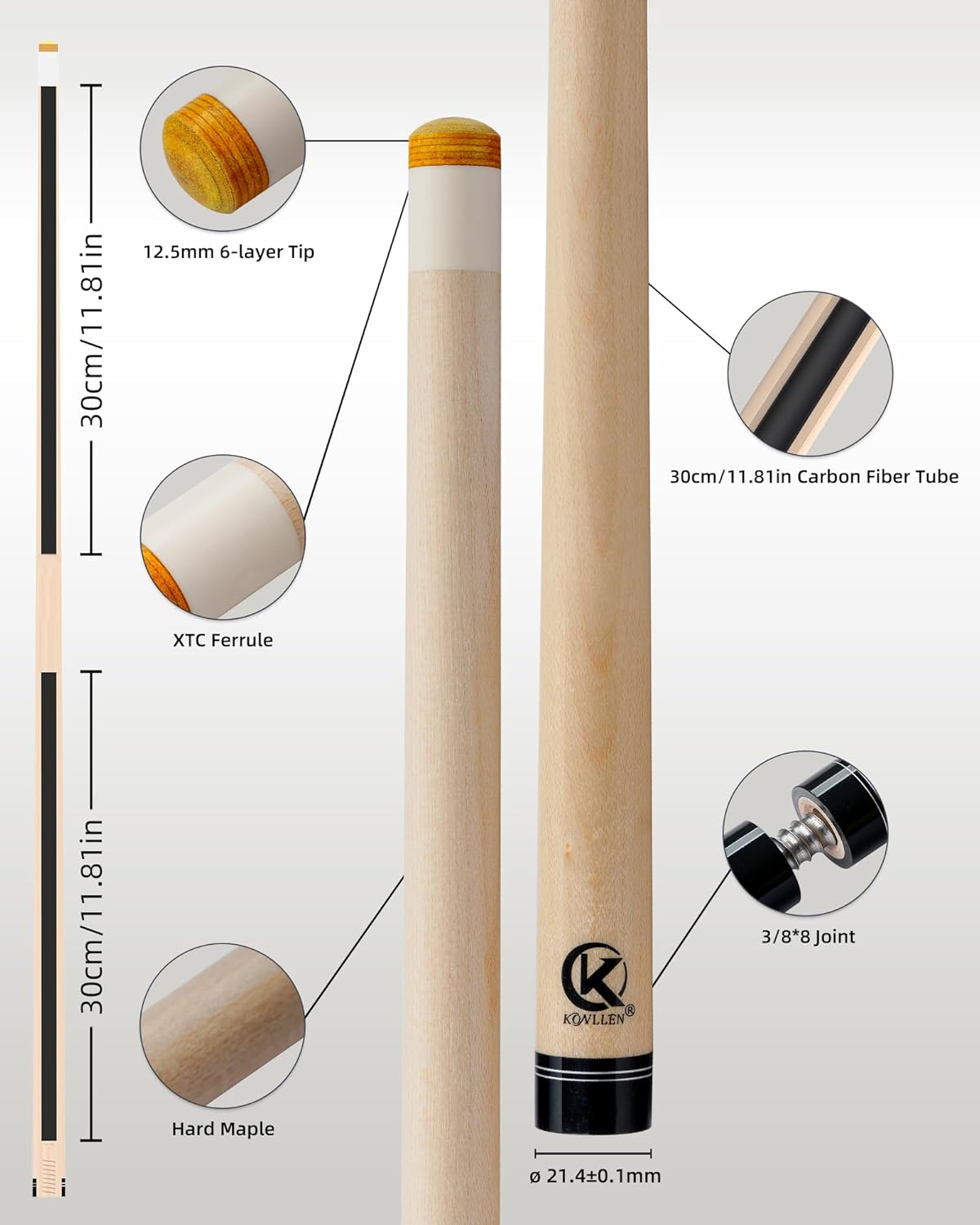 KONLLEN Maple Pool Cue Shaft 3/8 x 8 Joint, 12.5mm Tip – Reinforced Core for Enhanced Stability