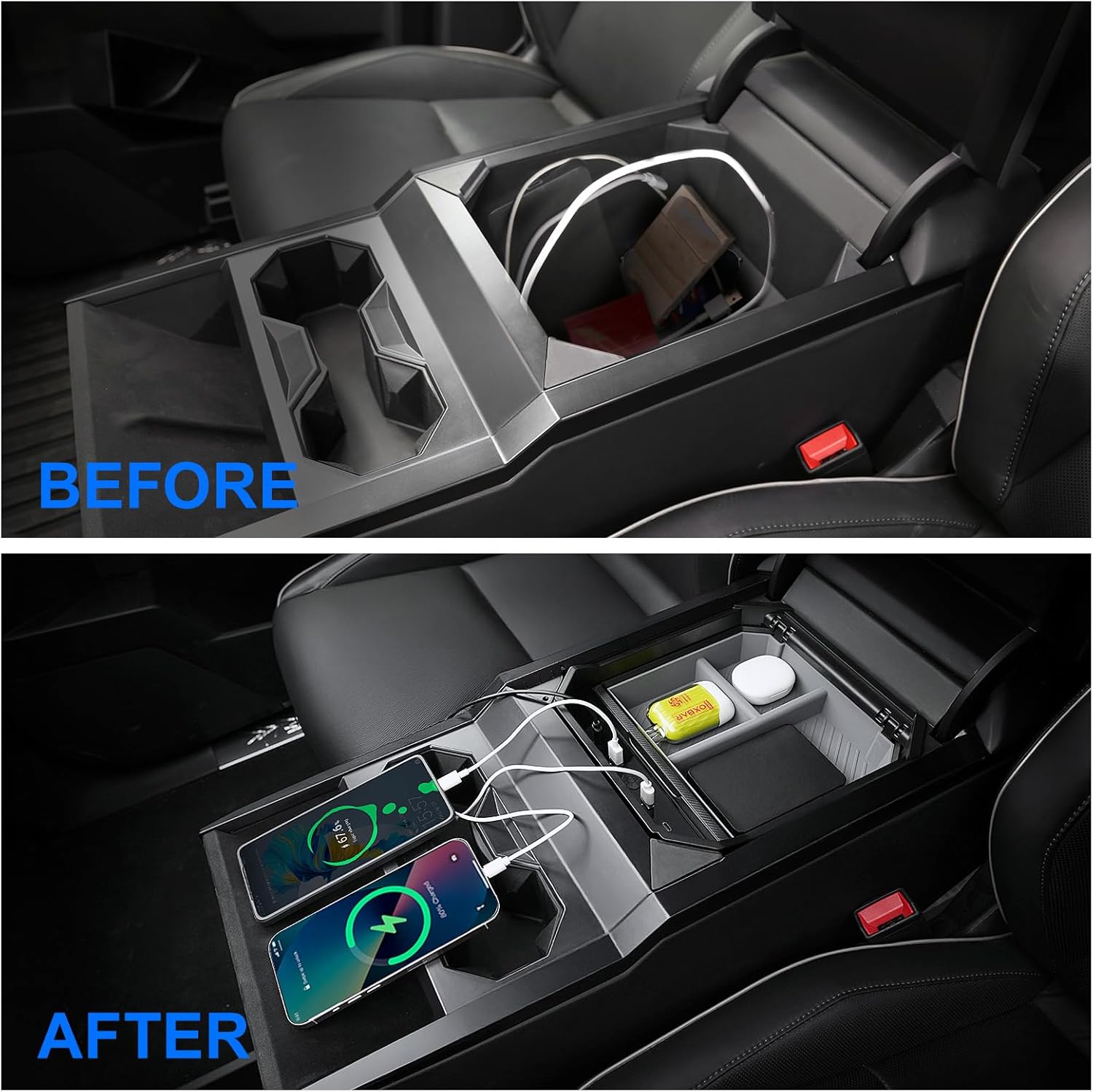 Elecfresh for Cybertruck Accessories Center Console Organzier with USB Hub, Armrest Storage 4 Charging Ports (2 USB, 2 Type-C, 60W Fast Charging) and Light for Tesla Cybertruck 2024 2025 2026