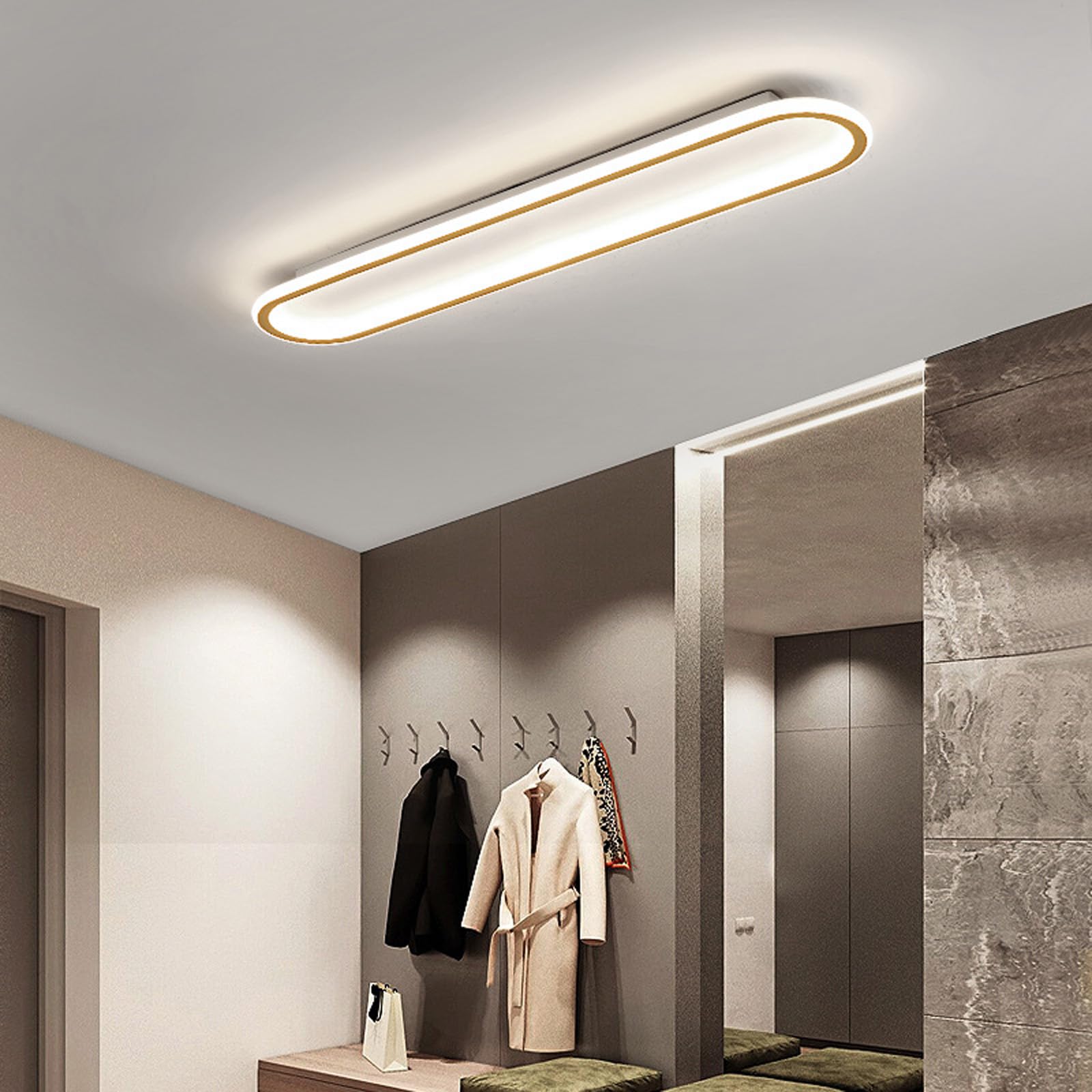 Plafon LED Techo Moderno Ovalada Decorativo Lámpara de Techo Planas Ultradelgadas Lámpara Techo Delgada Diseño Flush Mount para Dormitorio Cocina Balcón (Oro-Luz Neutra,80cm)