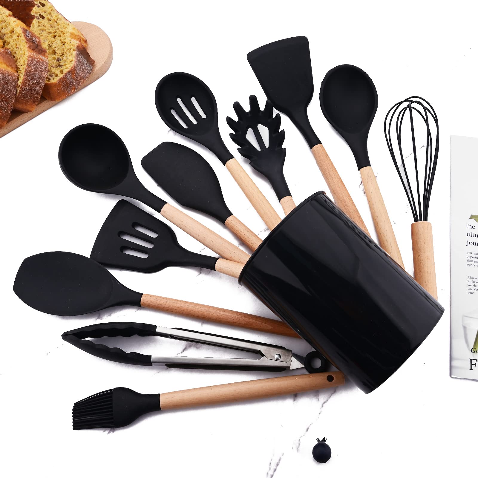 BRIIEC Silicone Black Kitchen Utensil Set with Holder, 12 Pcs Spatula Set for Cooking, Heat Resistant Kitchen Tools Spoon Turner Whisk for Cookware.