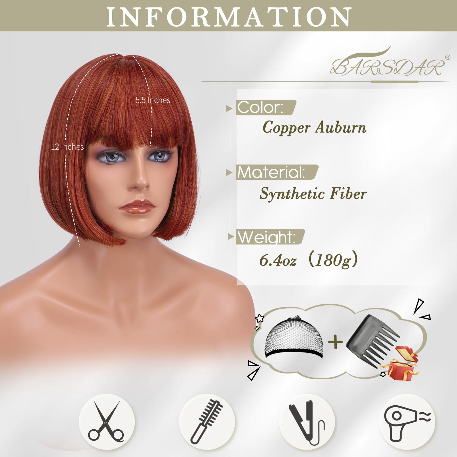 BARSDAR Courte Cuivré Bob Perruque avec Franges, Courte Bob Auburn Perruque avec Franges pour Femmes 30cm Chic Longueur Synthétiques Perruques D'aspect Naturel Fêtes Halloween Bobs Perruques