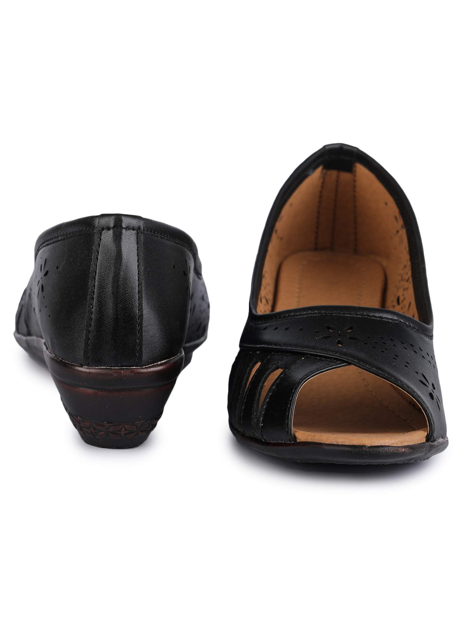 Clouter hub Women Designer Belly Flats Peep Toe Cutwork Slip-On Wedge Sandals Soft Comfort Office Wear Casual Footwear for Women, Black 3