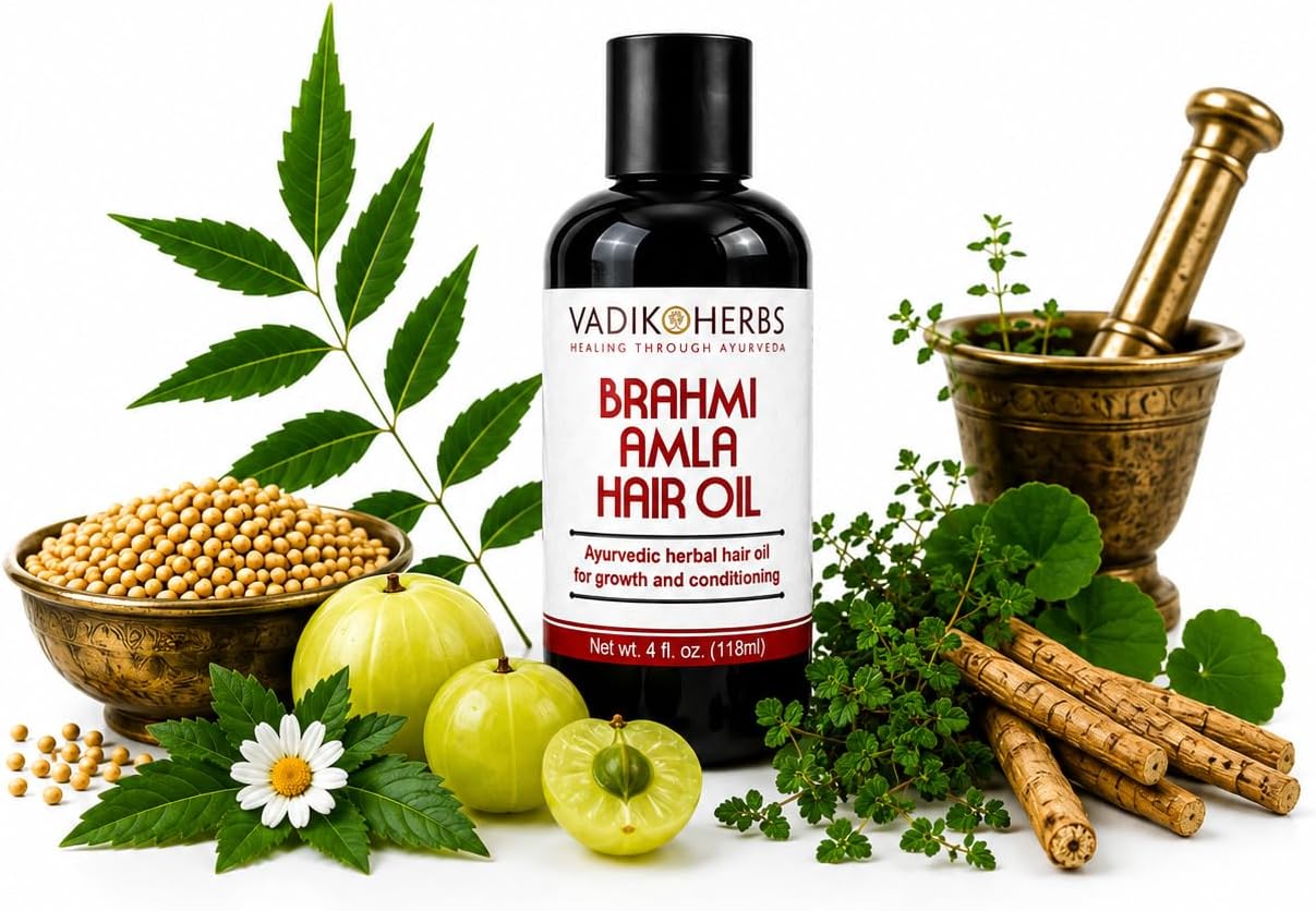 Vadik Herbs Brahmi-Amla Hair Oil (4oz) Promotes excellent hair growth and conditioning with Rosemary Oil | all natural herbal solution for hair loss, thinning hair, balding | beard oil as well