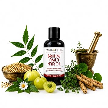 Vadik Herbs Brahmi-Amla Hair Oil 4oz Promotes excellent hair growth and conditioning with Rosemary Oil | all natural herbal solution for hair loss, thinning hair, balding | beard oil as well