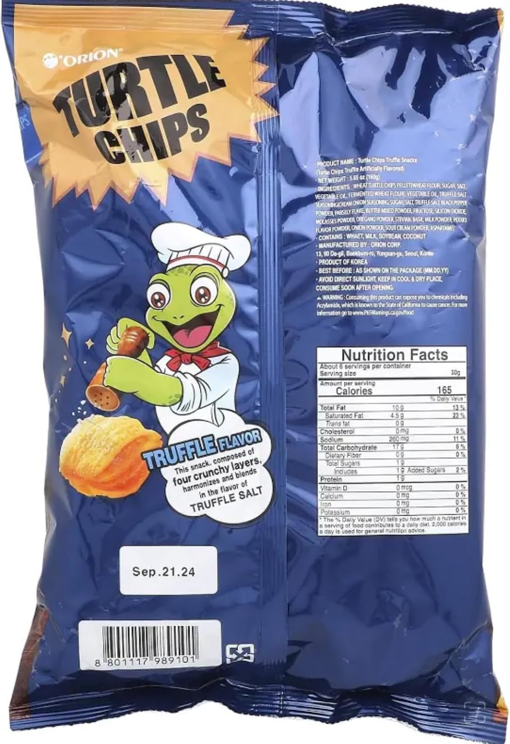 [Combo of 5 Big Packs] Orion Turtle Chips, Flaming Lime/Sweet Corn/Truffle/Seaweed/Chocolate Churros Flavor, Super Crunch, 5.64 oz