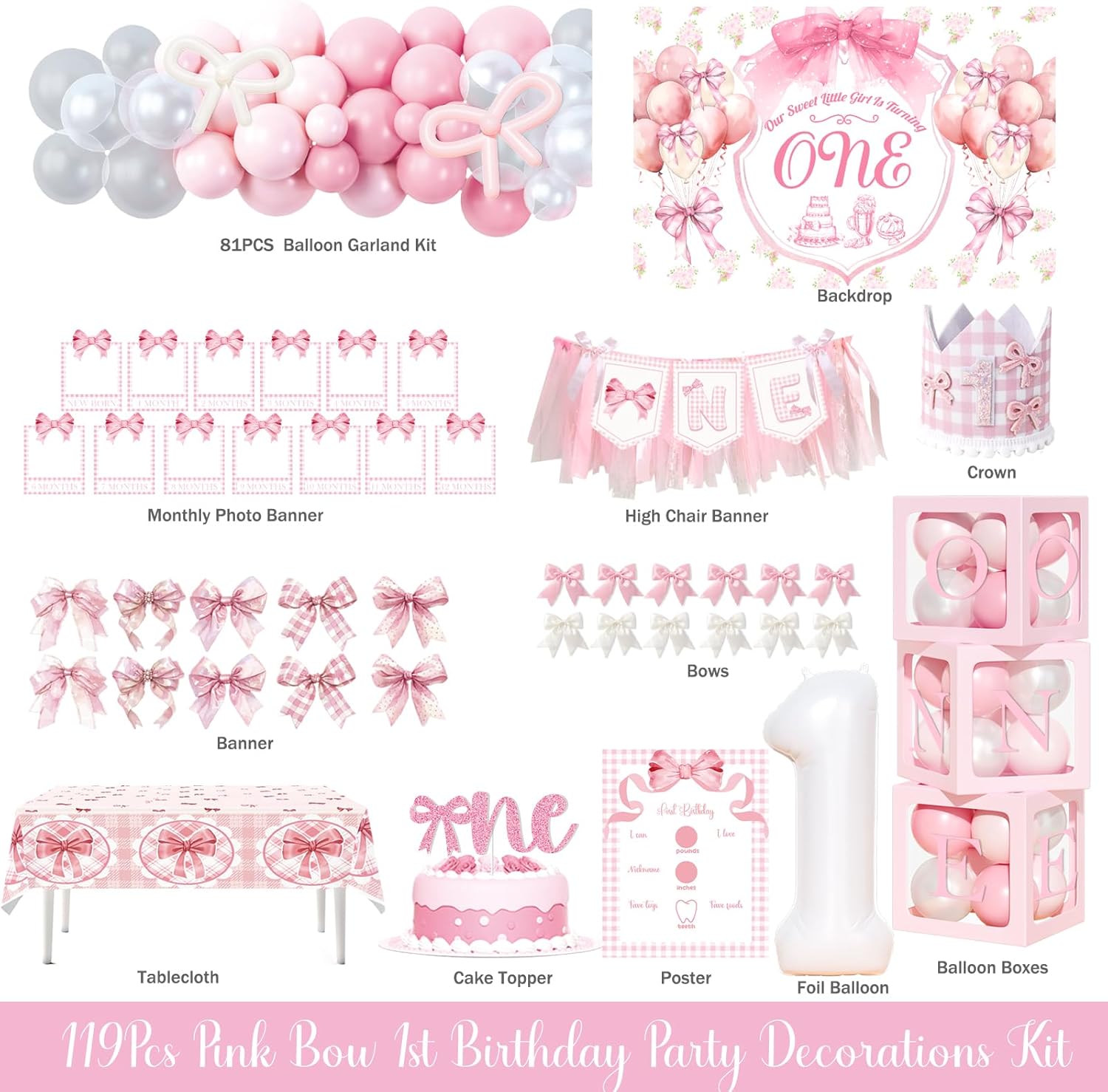 Pink Bow 1st Birthday Decorations, First Birthday Decorations for Girl, Pink Bow Theme Backdrop Balloon Banner Tablecloth Box Crown for Girls Coquette One Year Old Birthday Party Supplies