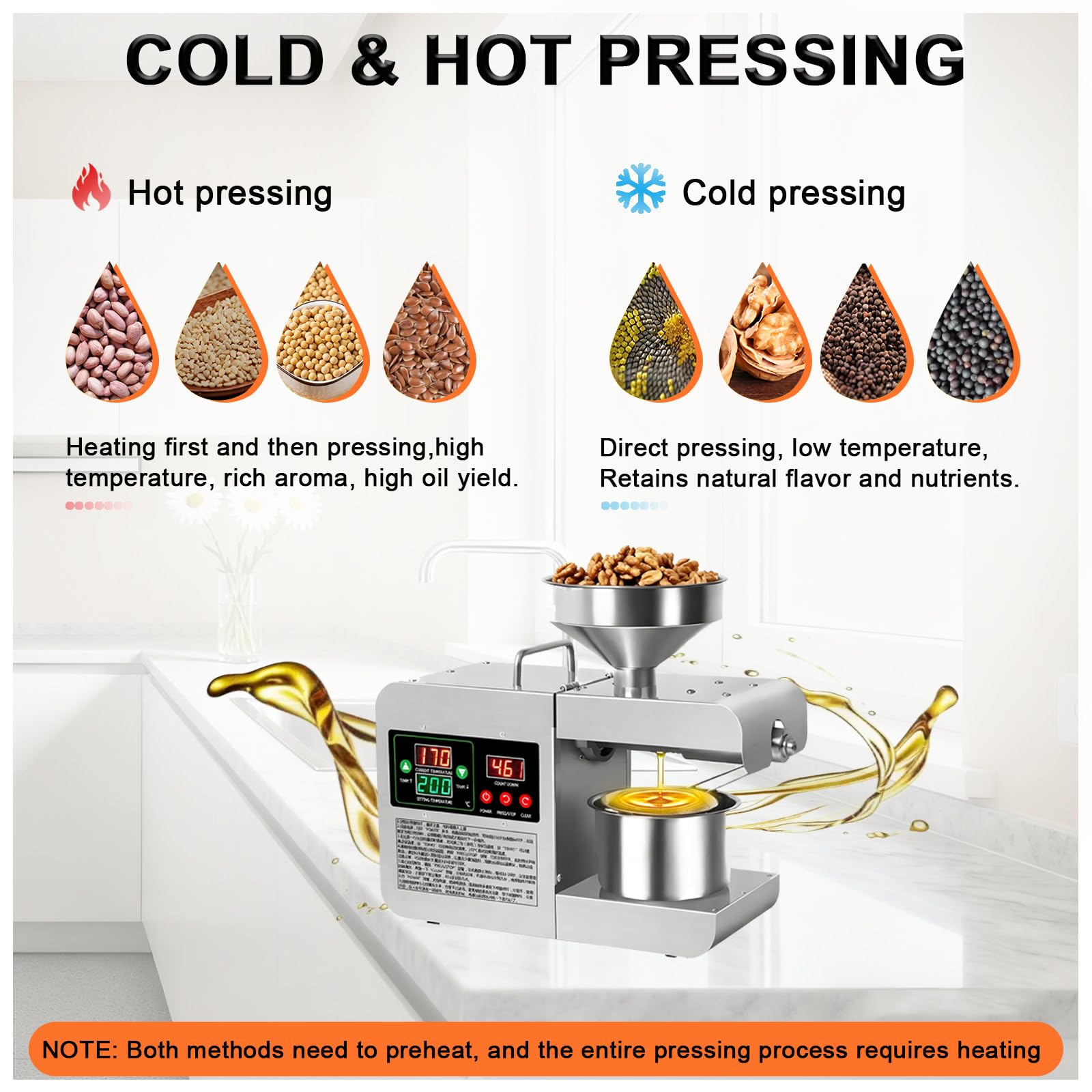 Elektrische Ölpresse aus Edelstahl, Temperatur einstellbar von 40–300 °C, Ölpresse unterstützt Heiß- und Kaltpressung von Kokosöl, Sesamöl, Leinsamenöl, Walnussöl