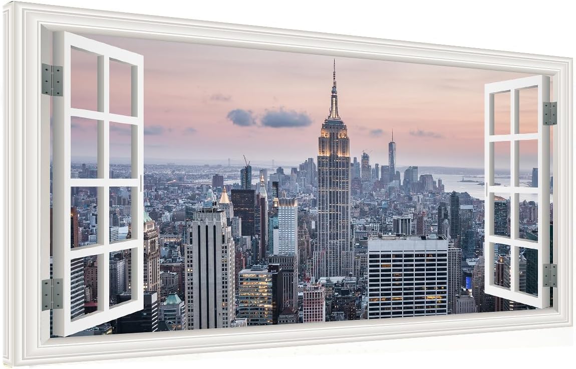 Window View New York Skyline Canvas Wall Art- City Landscape Canvas Print Pictures Painting Artwork Framed for Living Room Bedroom Bathrom Offce Decor-20"x40" 40"L x 20"W New York Skyline