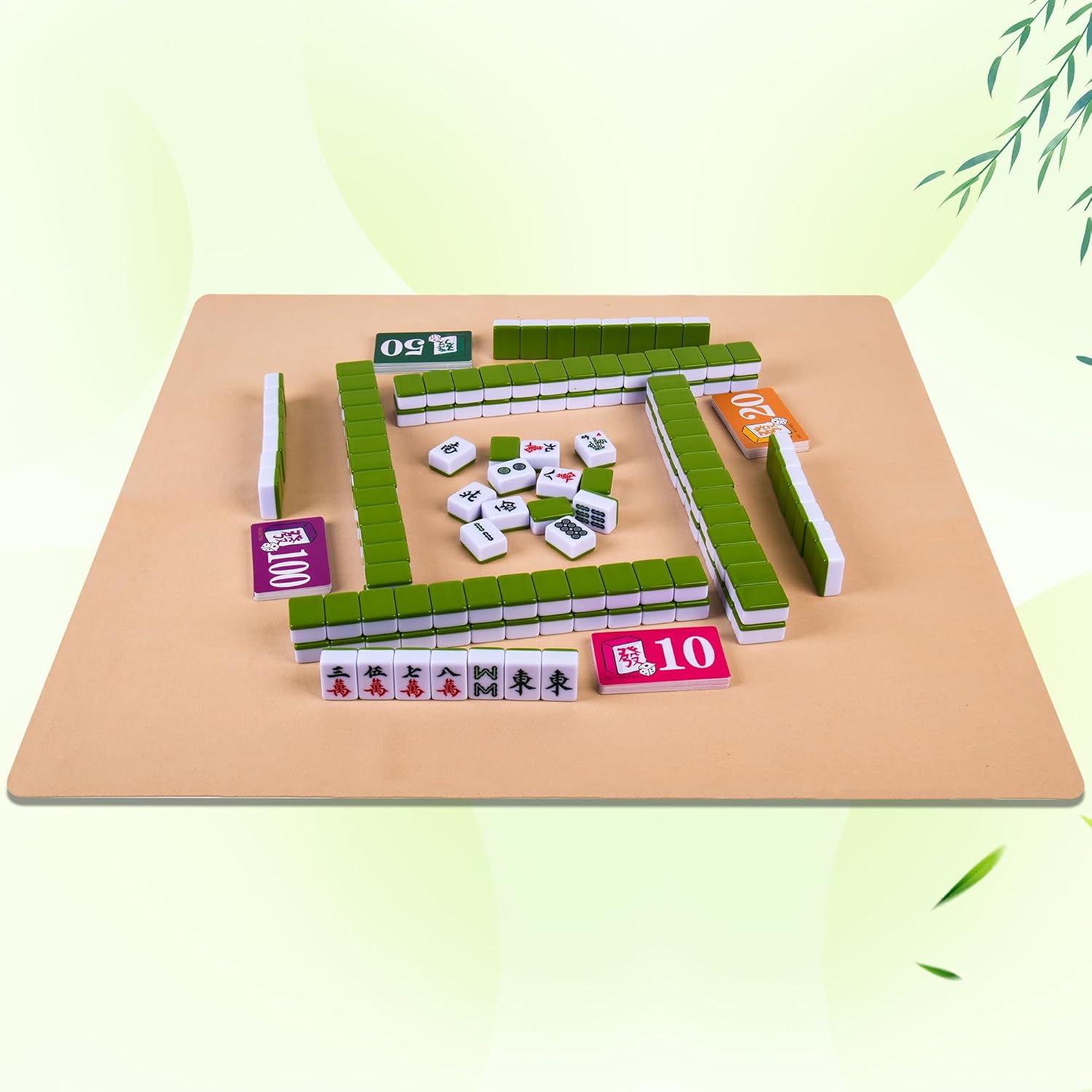 Chinese 1.25"(32MM) Small Green Mahjong Set with Blue Vinyl Case -152 Melamine Tiles (144 + 8 Blank), Including Dice, Wind indicator,Chips & Mahjong Mat (Majiang)-Collector's Edition for Game Night