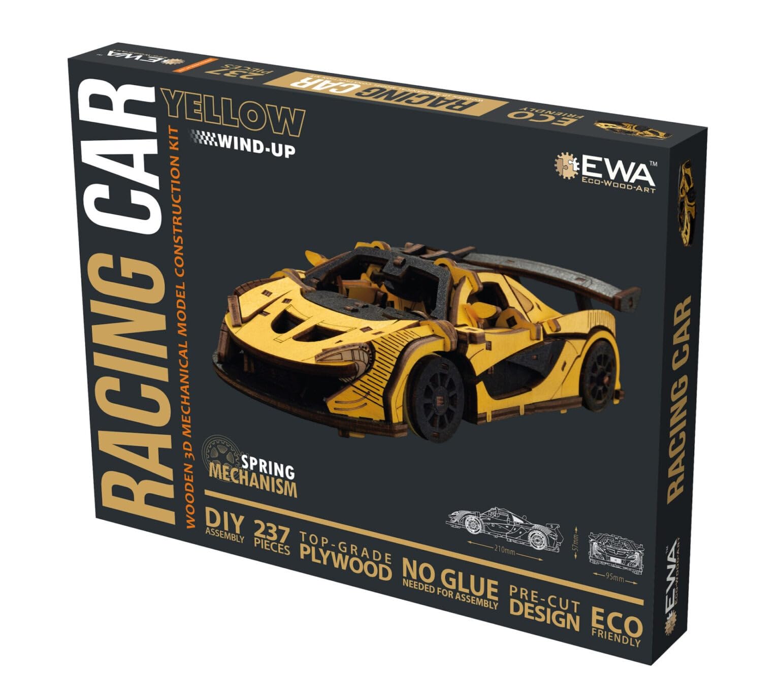 EWA - Puzzle 3D - Voiture de course - Kit de modélisation en bois pour adultes - Avec mécanisme à remonter, roues mobiles et intérieur détaillé - Jouet de voiture en bois - Cadeaux pour adolescents et