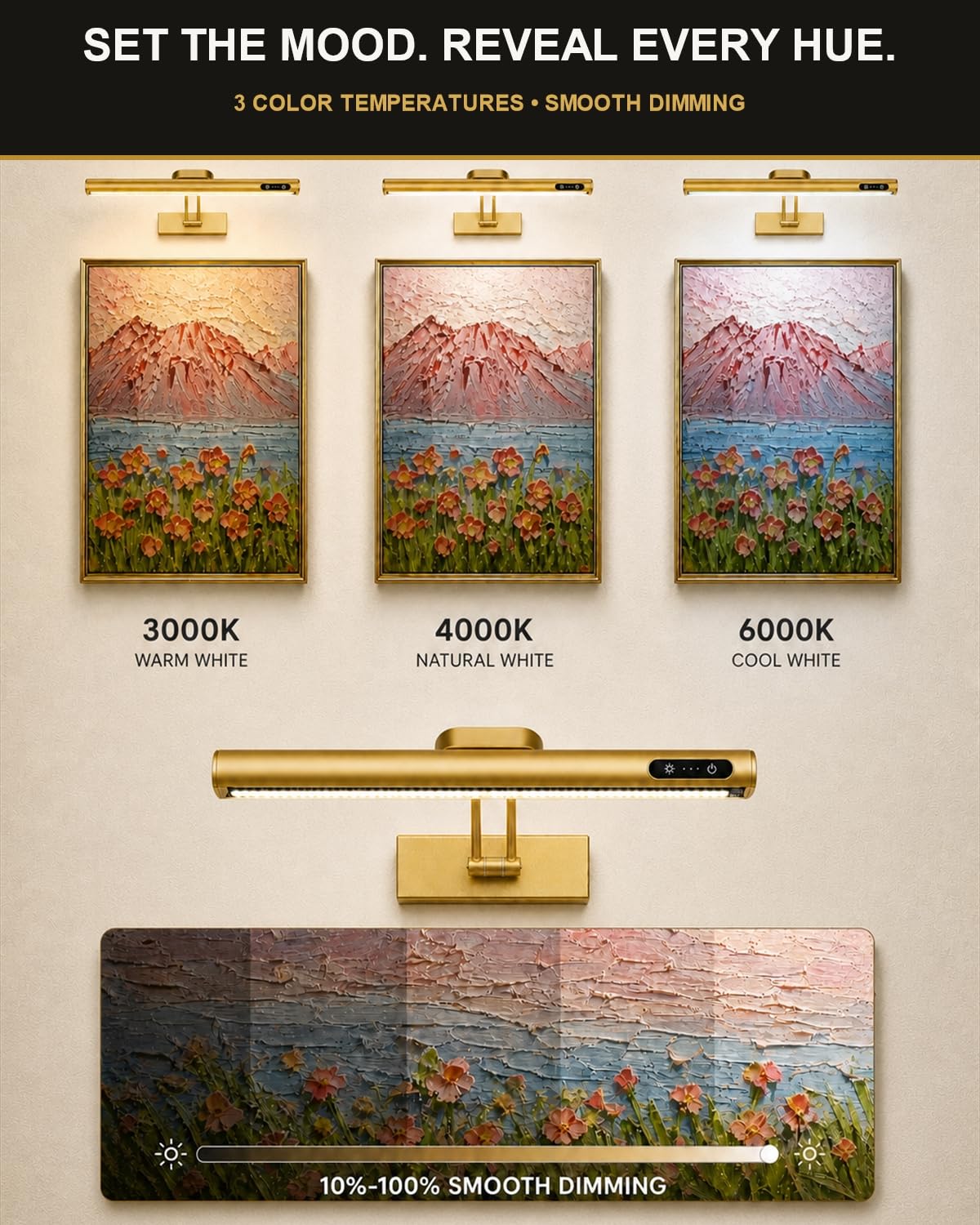 Lampe magnétique sans fil rechargeable à piles avec télécommande/commande tactile/minuteur, angle réglable de 40,6 cm, 3 couleurs à intensité variable, lumière d'art pour affichage, mur, galerie, doré