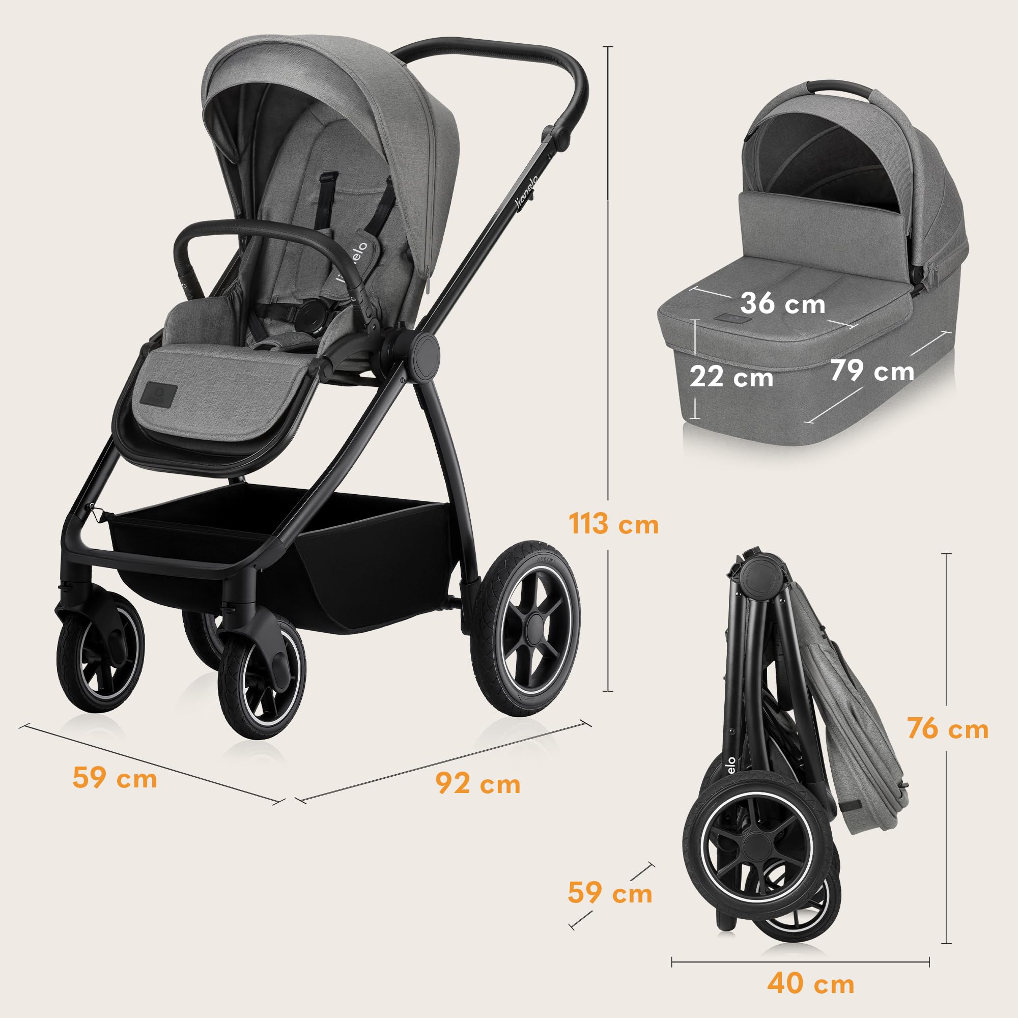 LIONELO MERIL 3 in 1 Wielofunkcyjny Wózek Dziecięcy 0-48 Miesięcy Do 22 Kg, Gondola Do 9 Kg, Fotelik Samochodowy Do 13 Kg, Koła Terenowe 360°, Pełna Amortyzacja, Budka XXL UPF50+ (Szary)