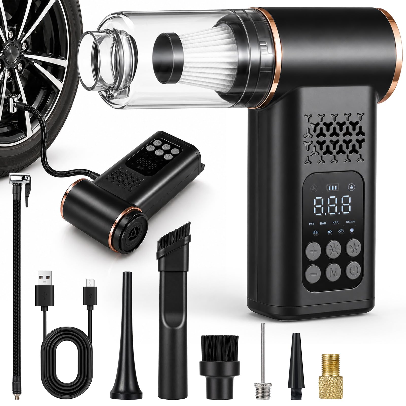 5 en 1 Compresor Aire Portatil con Aspiradora inalámbrica, 150 PSI Inflador de Neumáticos con Luz de Emergencia, Pantalla LCD, manómetro Digital para Coche hogar Pelo de Mascotas Moto y balones
