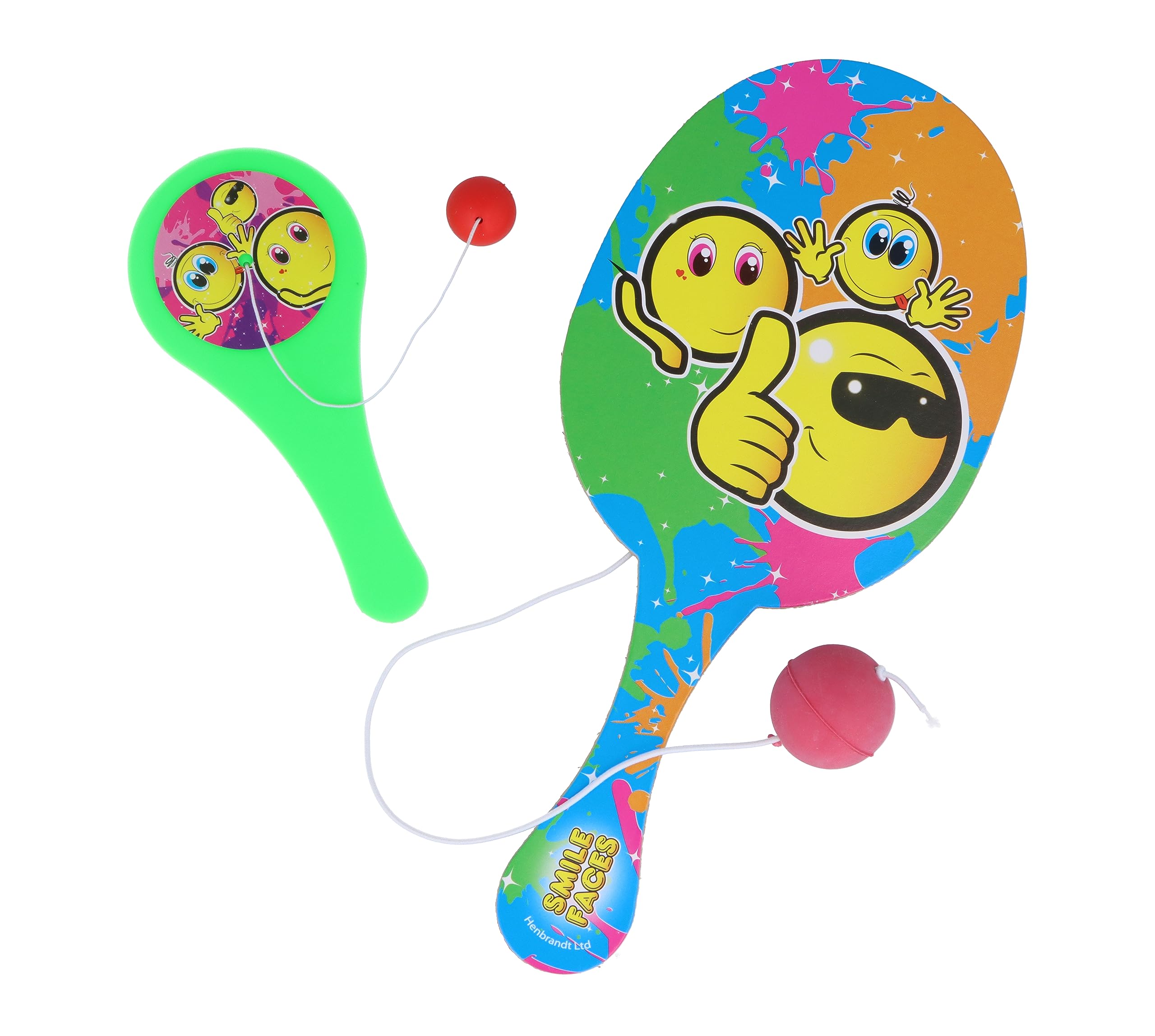 HENBRANDT 1x Mini Yellow Smile Face Paddle Bat and Ball Game Biff Bats for Kids Birthday Party Bag Favours Loot Bag Fillers Stocking Fillers Wedding Games for Girls and Boys