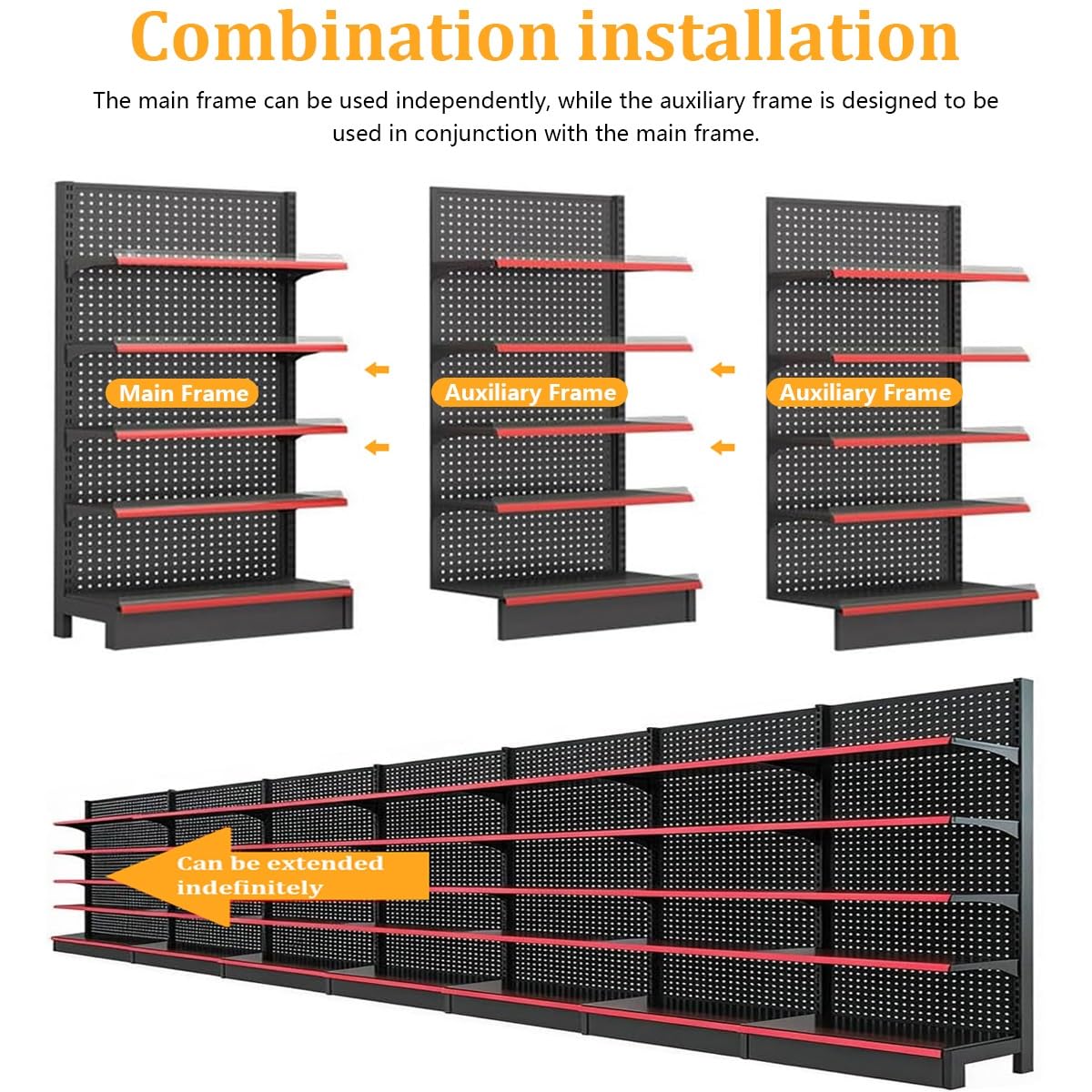 5-Layer Supermarket Gondola Shelving Display, Supermarket Gondola Shelf Rack, Tool-Free Assembly Metal Shelves with 15 Hooks for Supermarket & Retail Store(LxH 93x135cm/36x53in)