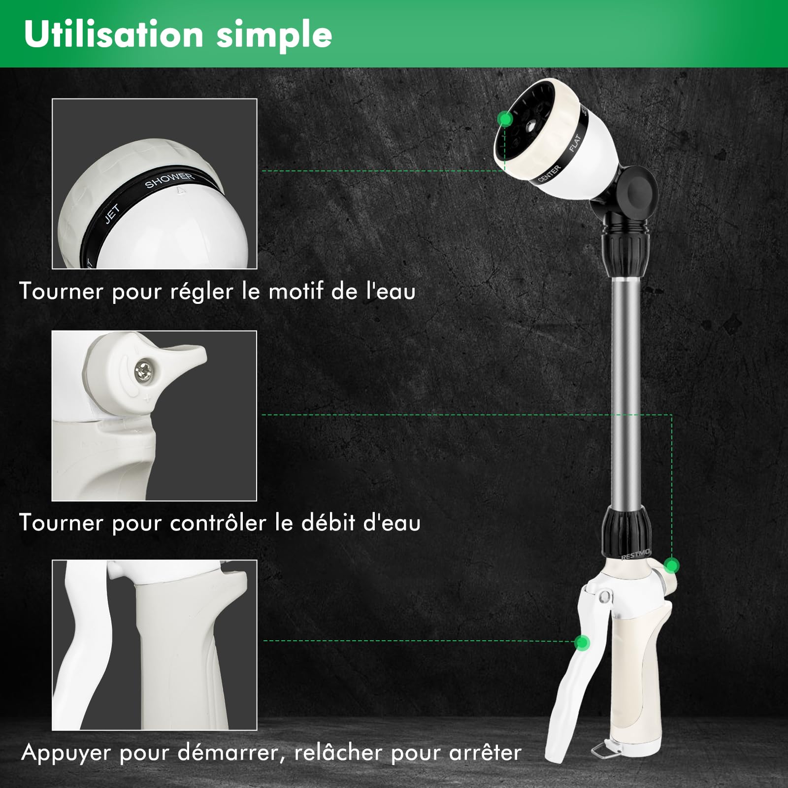 RESTMO Arroseur de Jardin en Métal, 42 cm de Long, avec Manche, Tête Pivotante à 180°, avec Contrôle du Débit, 7 Modes de Pulvérisation, Baguette Magique pour Suspensions de Fleurs et Arbustes, Blanc