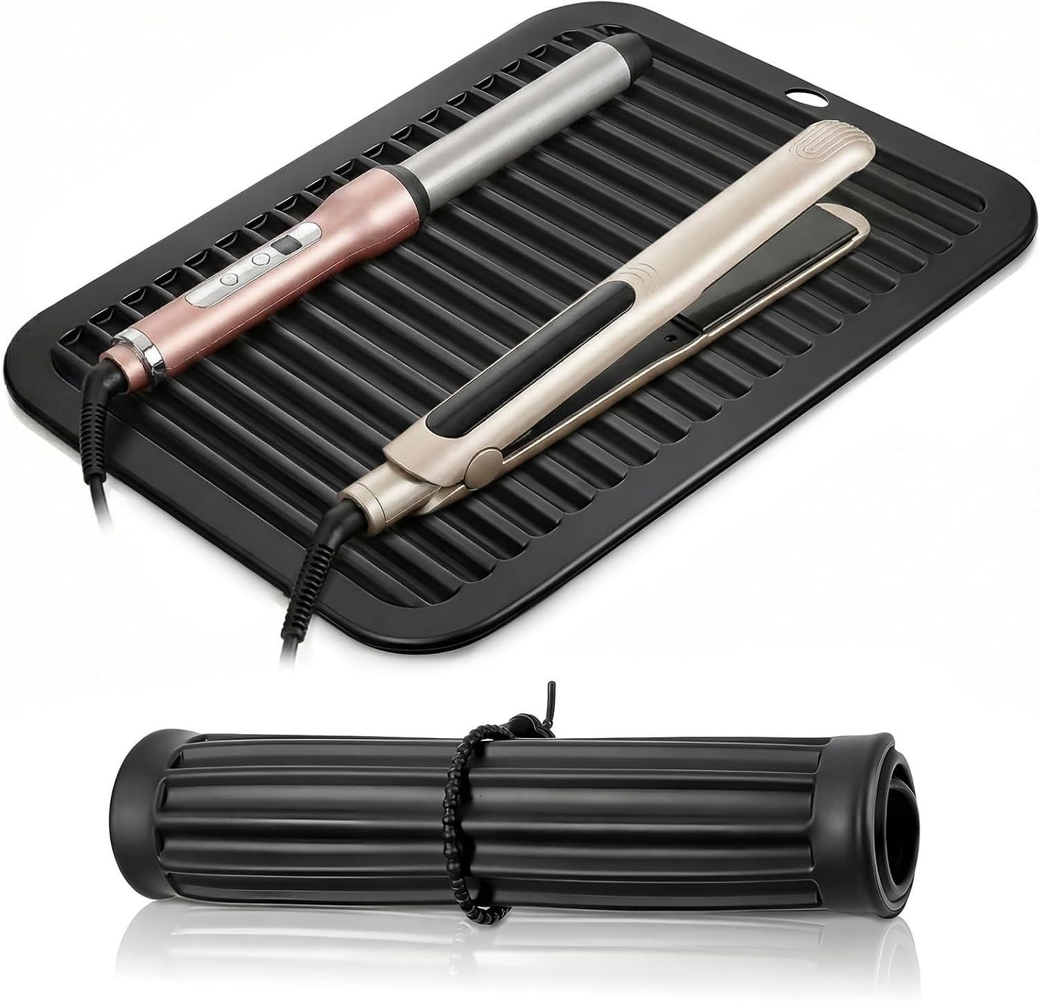 Oversize Silicone Heat Resistant Mat, Curling Iron Holder Mat Portable Flat Iron Mats Curling Iron-Pad Hair Straightener Hot Tool Mats for Home Travel Salon Hair Tools, Black