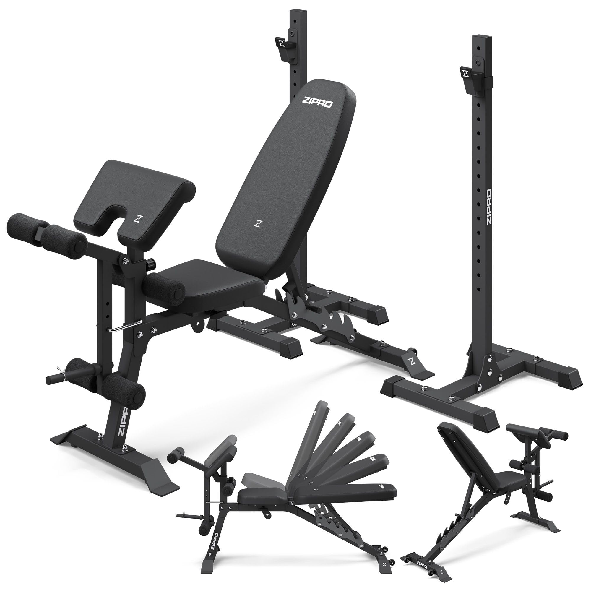 ZIPRO Banc de musculation réglable avec leg developer et pupitre à biceps set avec supports de barre séparés dossier inclinable avec décliné charge max 270 kg pour home gym