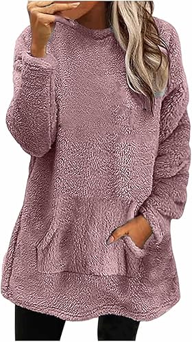 Sudadera Sherpa para mujer, cuello redondo, forro polar, cálida, peluda, con bolsillo tipo canguro