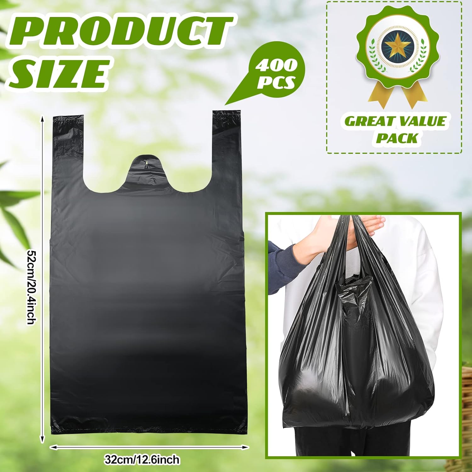 Kisston Jumbo Size Plastic T Shirt Bags with Handles, 35 Mic, XX Large Plain Plastic T Shirt Grocery Bags, Thick and Heavy Duty(20" X 12",Black) - Image 3