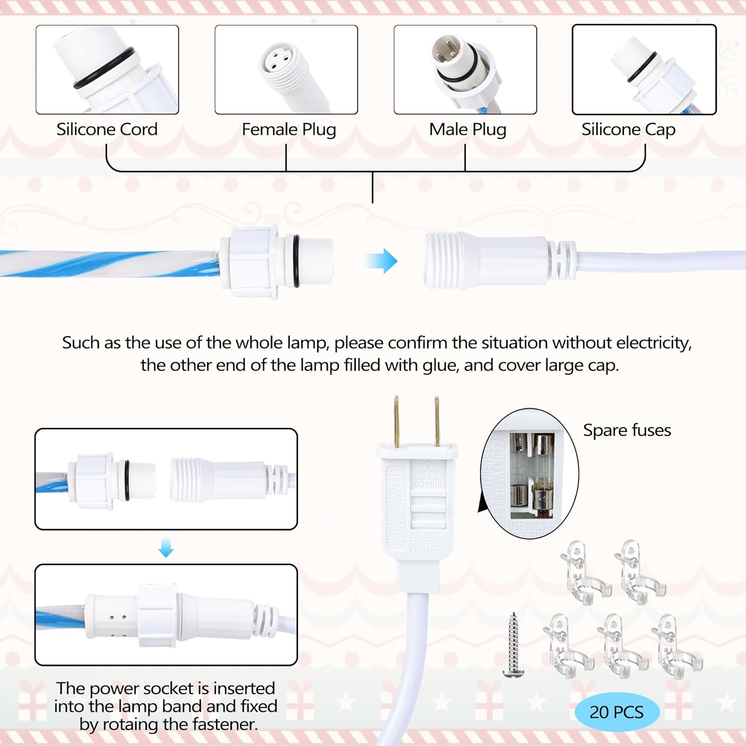 Jnaurb Christmas Candy Cane Lights, 66ft 480 LED Connectable Flexible White & Blue Candy Cane Rope Lights for Outside, 8 Modes Waterproof LED Christmas Light for Garden Patio Tree Holiday Party Decor