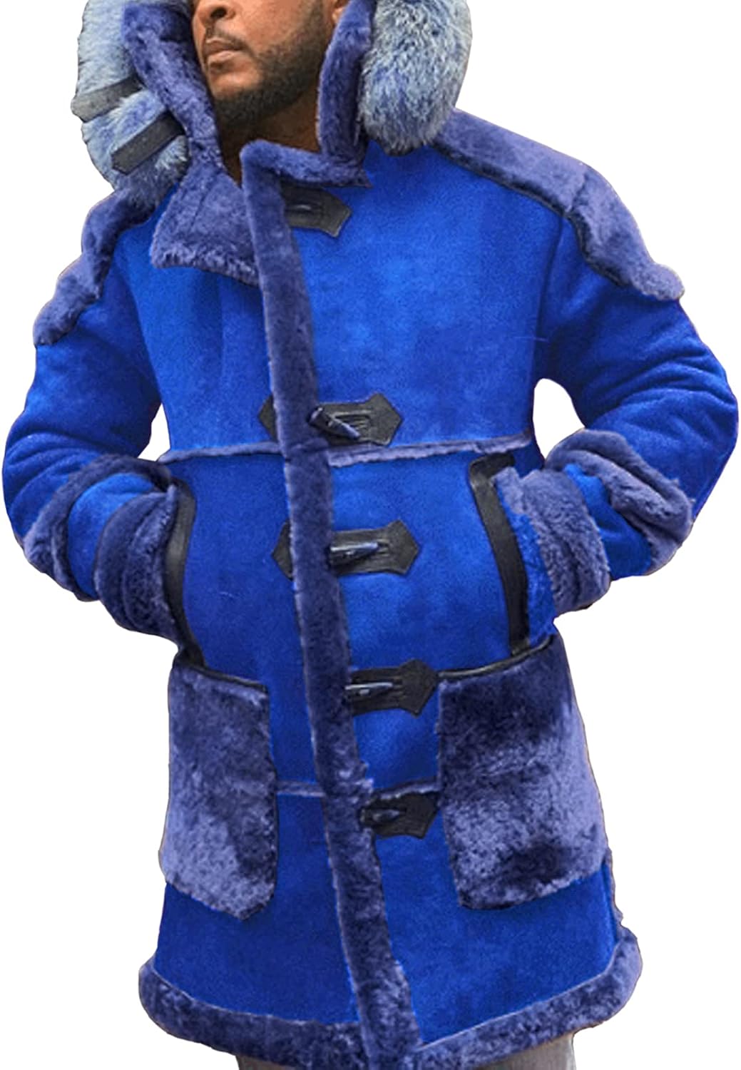 Ebifin Men's Shearling Leather Coat Faux Suede Sherpa Lined Sheepskin Jacket with Hood
