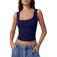 QINSEN Womens Lace Trim Square Neck Sleeveless Double-Layer Tank Top