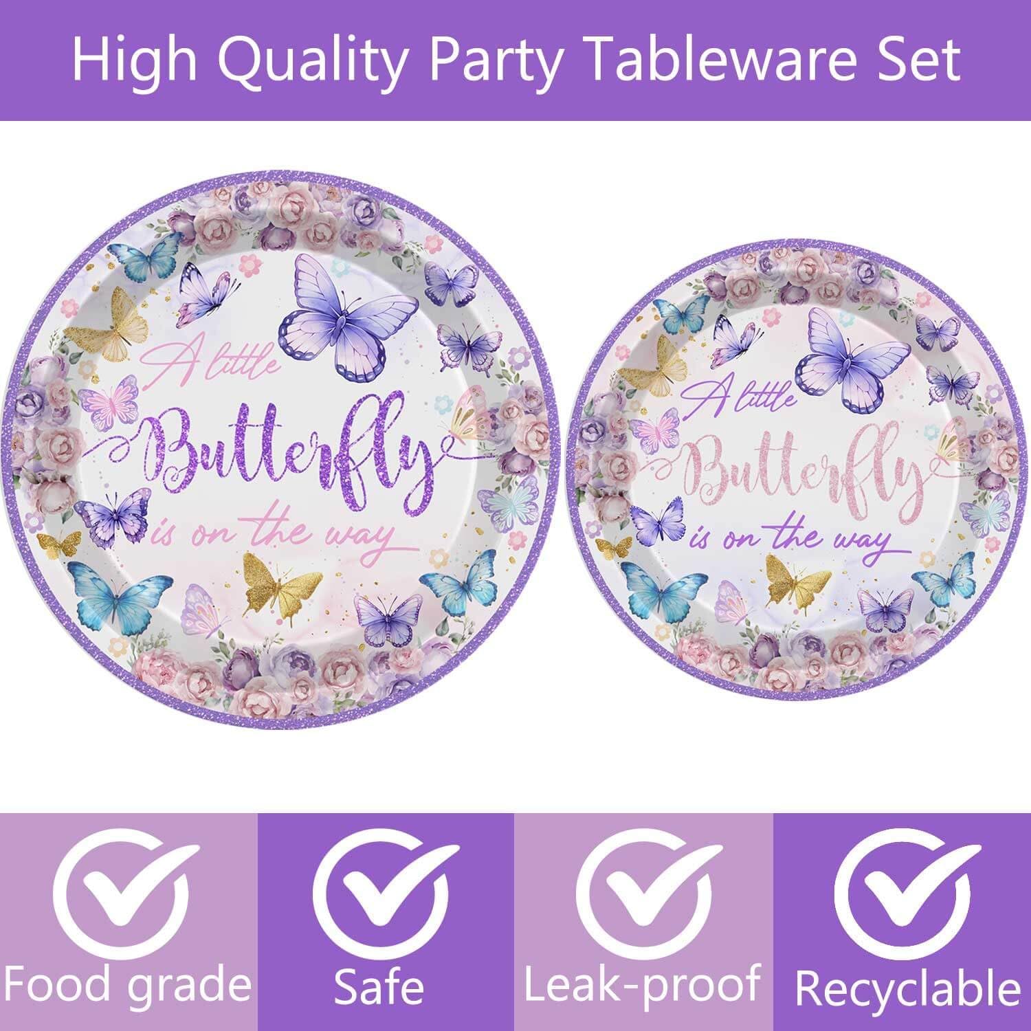149 Pcs Butterfly Baby Shower Party Supplies Purple A Little Butterfly Is On The Way Tableware Includes Hanging Swirl, Plates, Cups, Straws, Tablecloth for Girls Gender Reveal 1st Bday Decorations