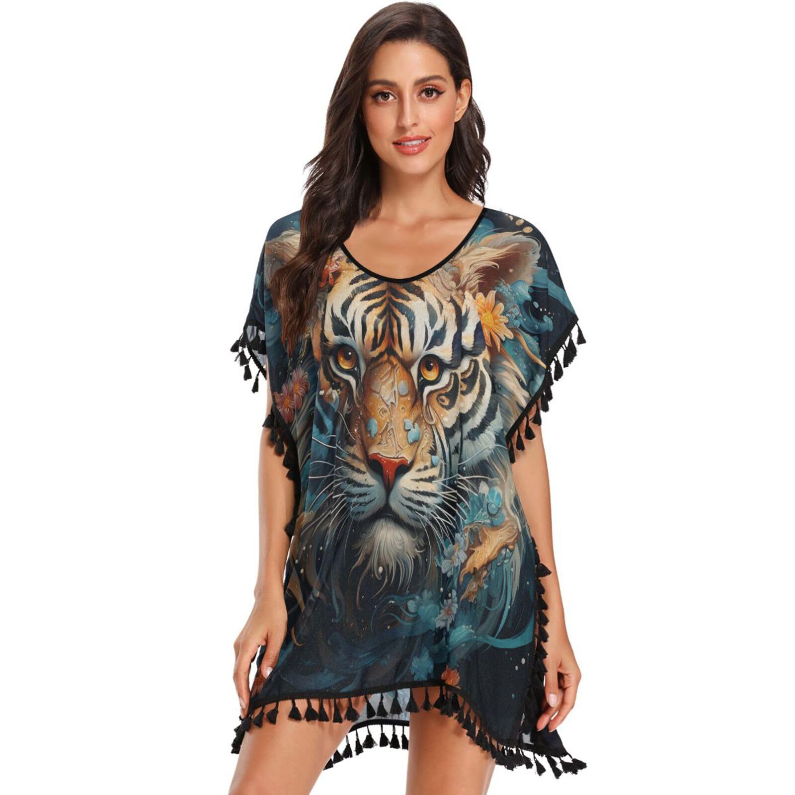 Cool Tiger Face Women's Beach Cover Up Chiffon Tassel Swimwear Swimsuit Coverups for Girl