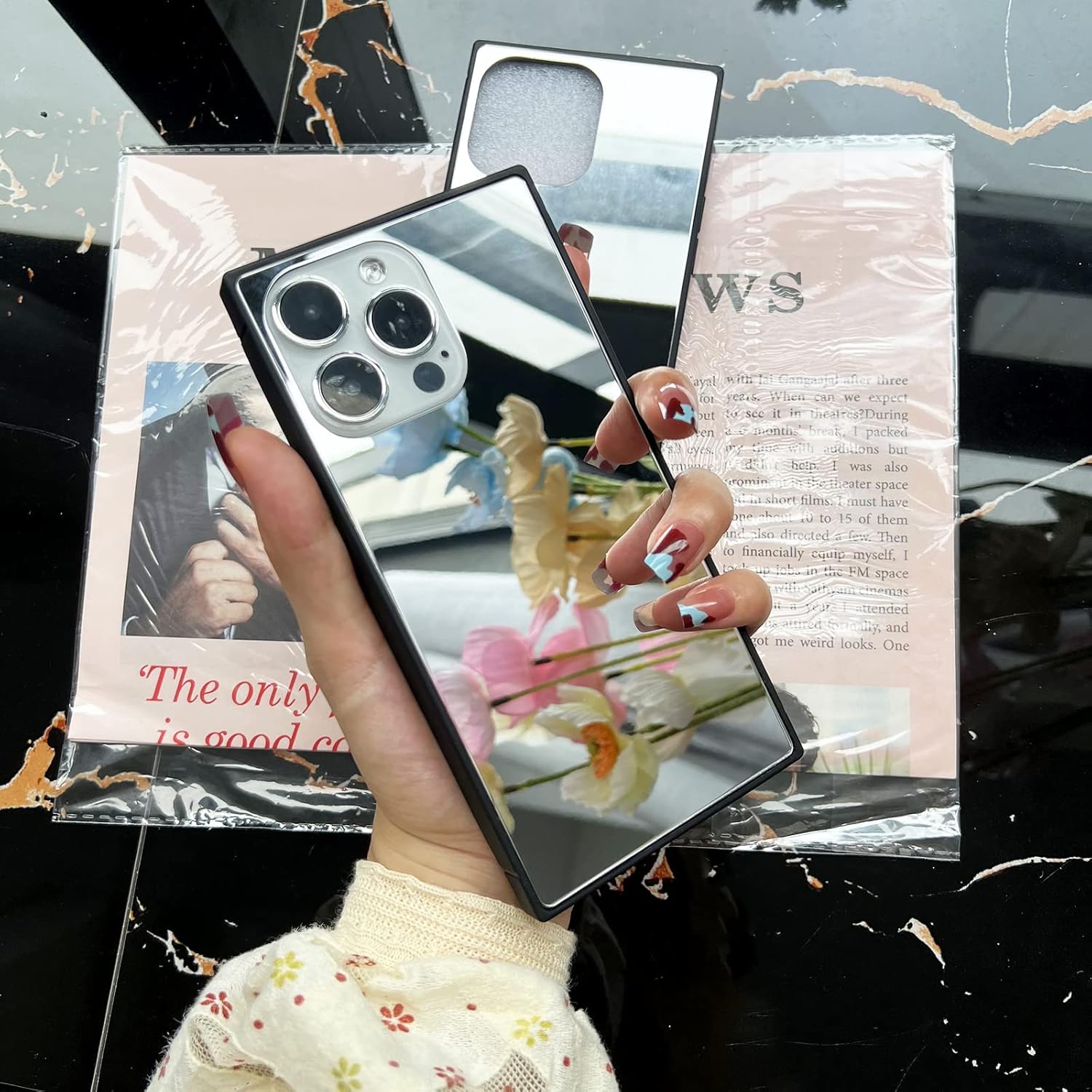 Compatible with iPhone 15 Pro Max Case Rectangle Mirror Case Cute for Women Girls Makeup Glass Mirror Back Design Fashion Luxury Slim Thin Protective Cover Phone Case - Image 3