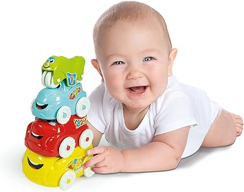 Clementoni- Stacking Vehicle Toy: 4 Piece Playset, Bus, Truck, Car & Motorbike (6+ Months)