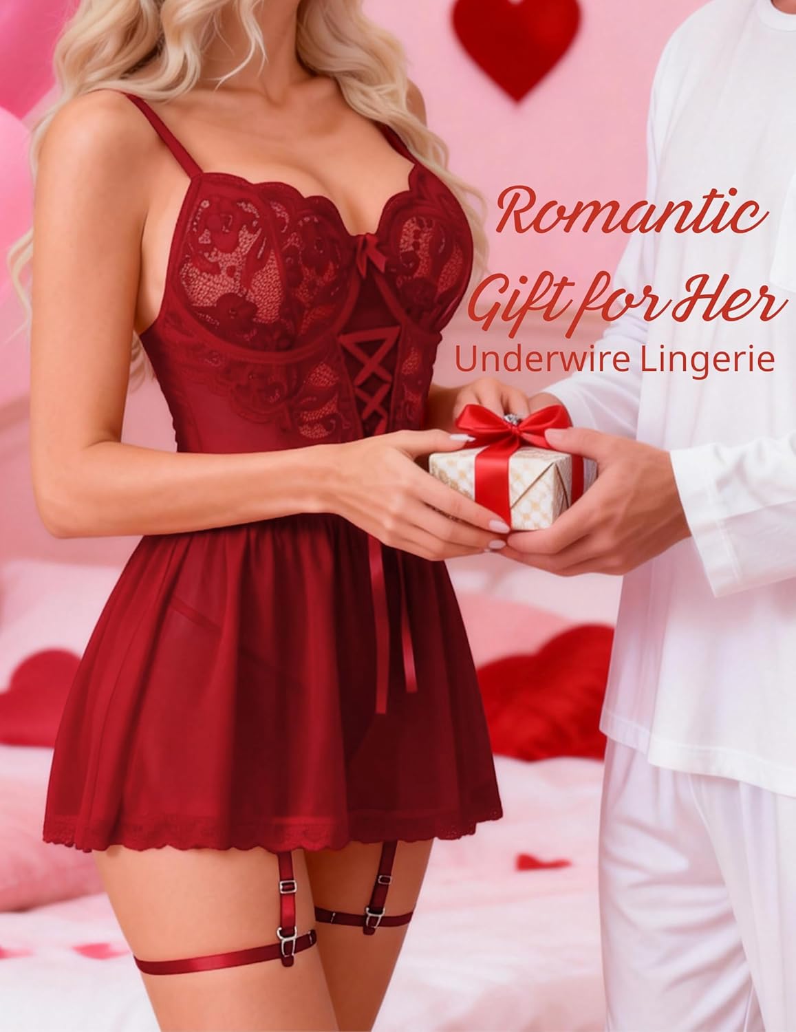 Women's Lace Babydoll Lingerie Dress with Underwire Push up Bra Floral Lace Chemise Mini Skirt Lingerie Nightgown with Garter Belt (Wine Red, M) - Image 4