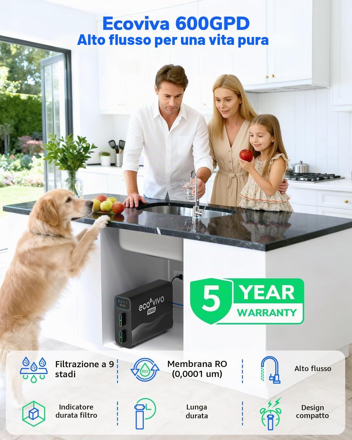 Ecoviva E6 Filtro d'acqua compatto e sottile a osmosi inversa, filtro sotto lavello da 600 GPD con rubinetto, sistema RO a 9 stadi senza serbatoio, riduce il TDS, design compatto