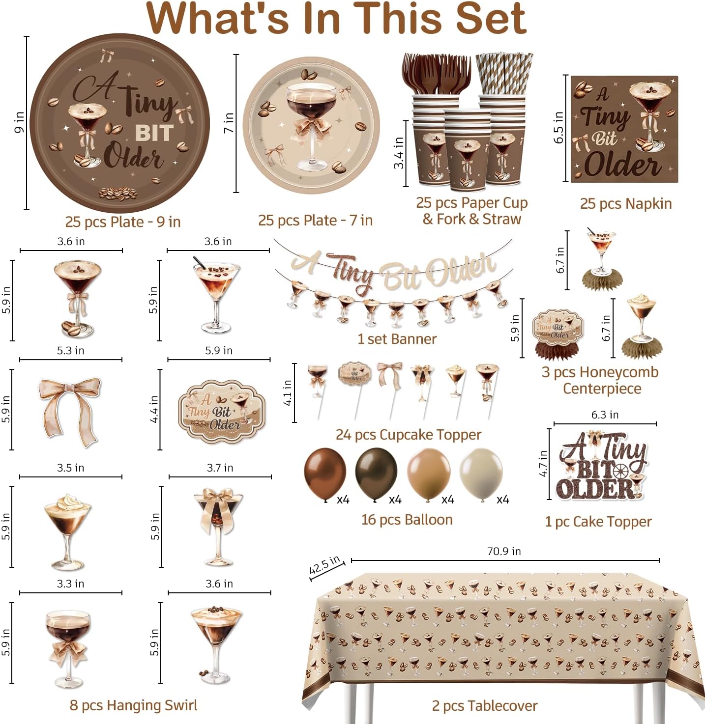 Xynic 205pcs A Tiny Bit Older Birthday Tableware Set, Serves 25 Guests, A Tiny Bit Older Birthday Decorations includes Banner, 300g Thick Paper Plates, Tablecloth, etc, for Espresso Martini Party