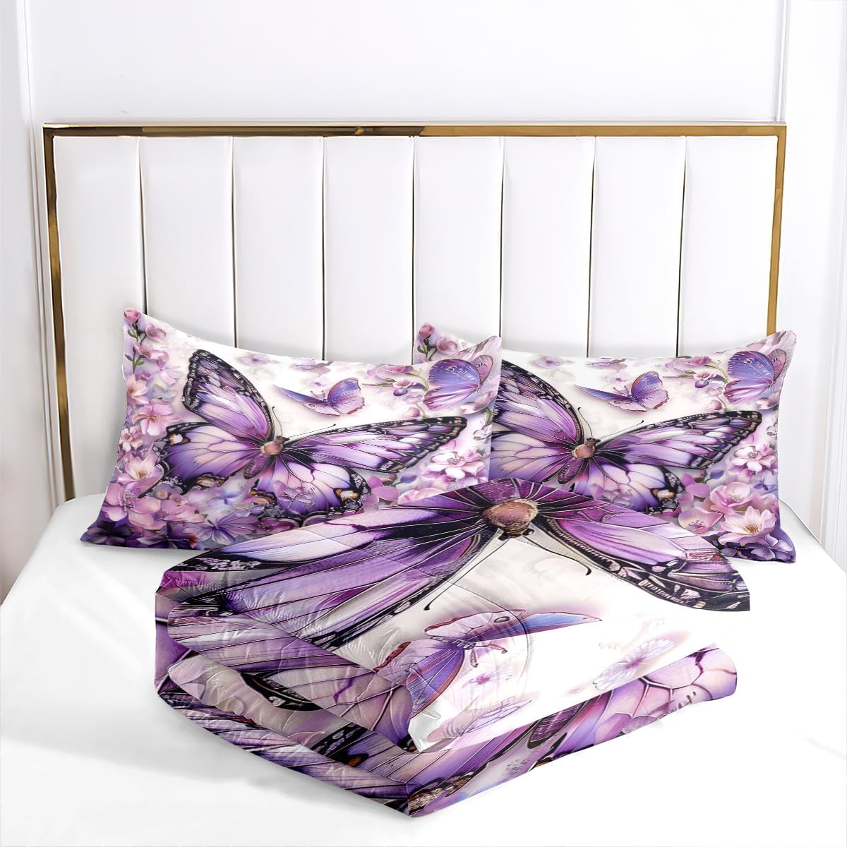 Purple Butterfly Comforter Set Queen Size Flowers Butterfly Bedding Set Chic Botanical Floral Comforter Sets Unique Animal Bed Set Soft Lightweight Comforter for All Season(Gilrs Women)