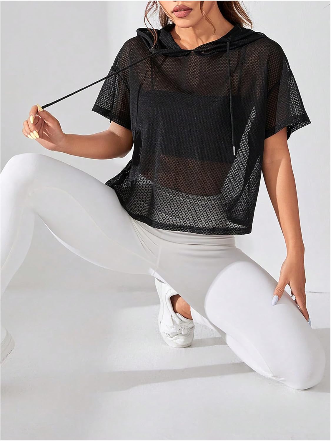 SweatyRocks Women's Short Sleeve Fishnet Hoodies Hollow Out Sports Workout Tops - Image 6