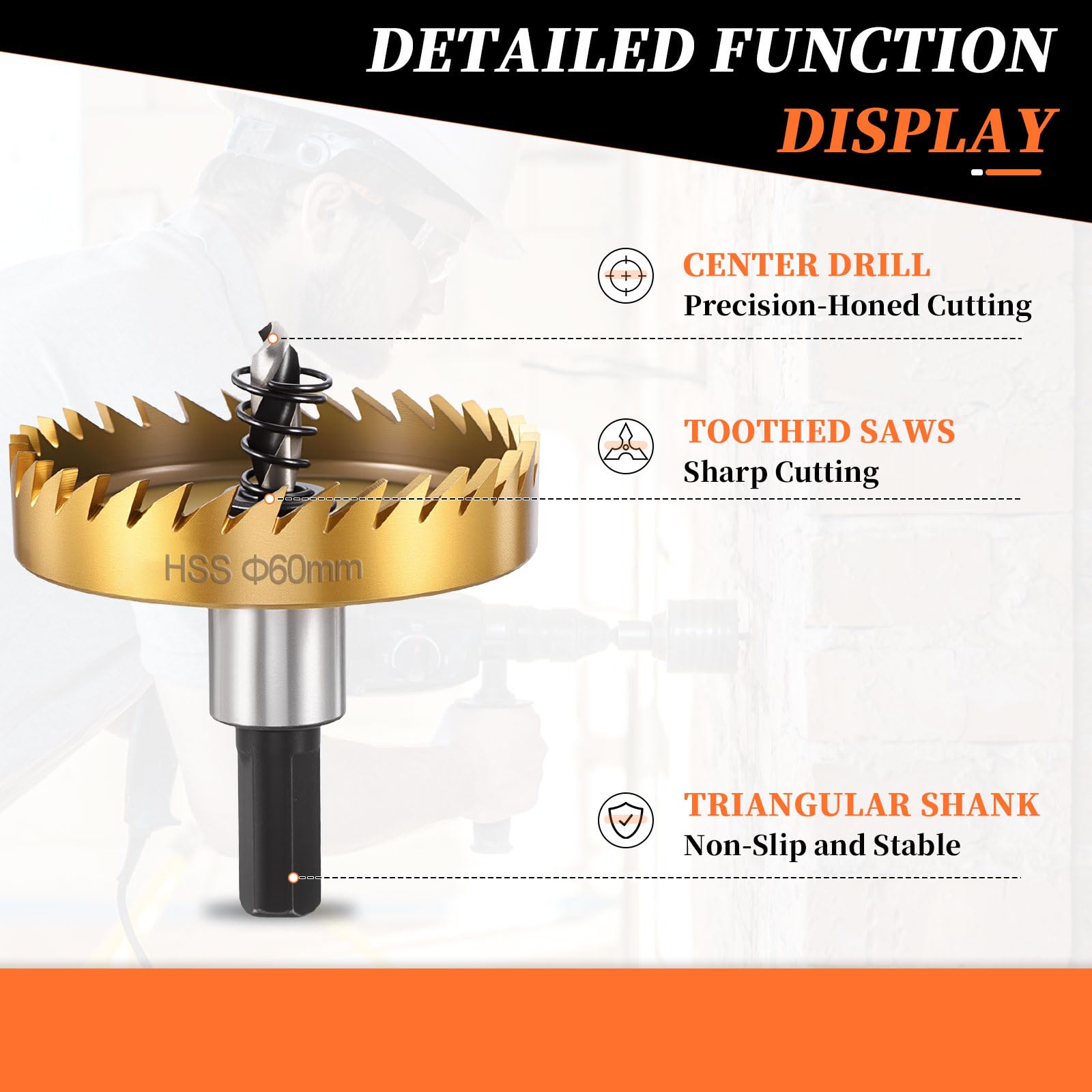 METALLIXITY Hole Saw 60mm (2-3/8"), M2 High Speed Steel Hole Cutter with Center Drill Bit, Hex Key and Spring - Image 3