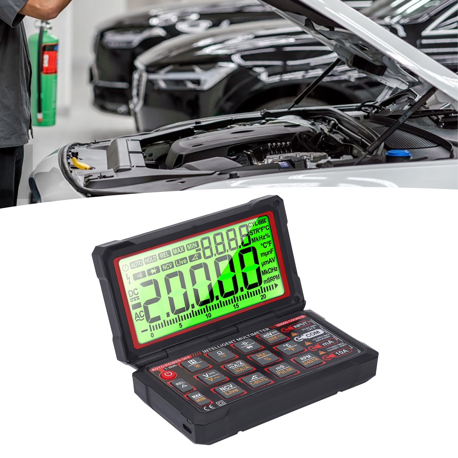 Ejoyous Multímetro Digital ABS Multímetro de Reparación de Automóviles con Probador de Voltaje NCV RPM y Medición de ángulo de Permanencia USB Recargable para Mantenimiento de Automóviles y