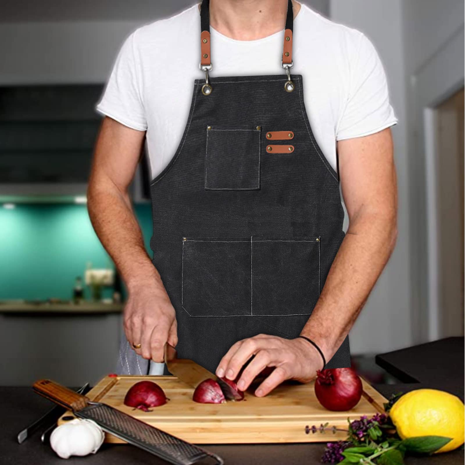 Grembiule Cucina Uomo 68x76cm Grembiule da Cucina Grembiule da Cuoco Regolabile con 3 Tasche Grembiule Chef Grembiule Regolabile a Croce Uomo e Donna Ideale per Barbecue, Ristorante, Bar