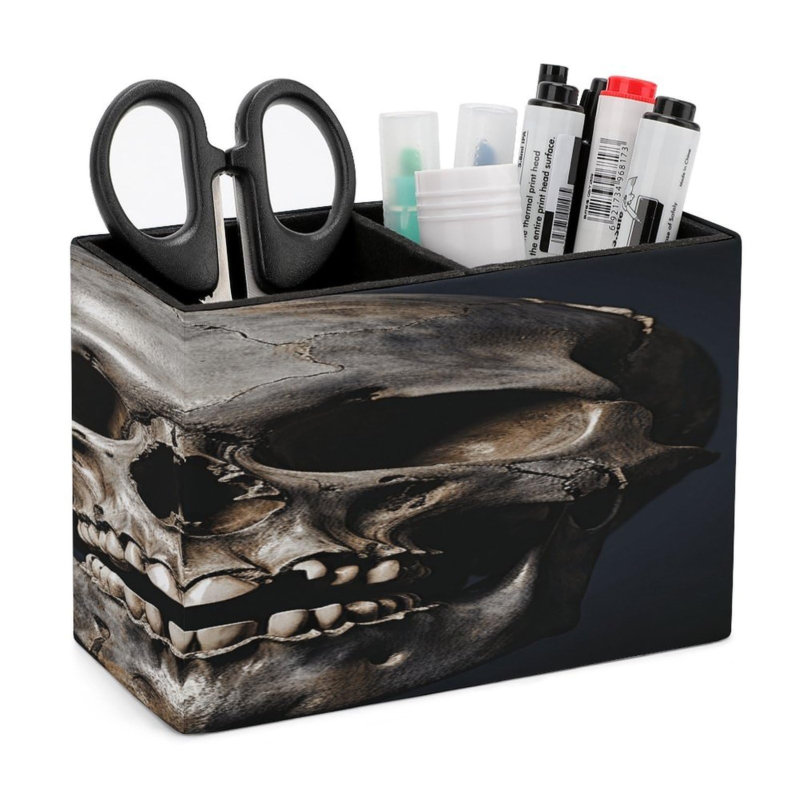 VstaDank Death Skull Pencil Holder for Desk Organizer 2 Compartments Pen Cup Leather Square Pen Holder Pencil Cup Stand Makeup Brush Holders for Desktop Organizer Storage Case