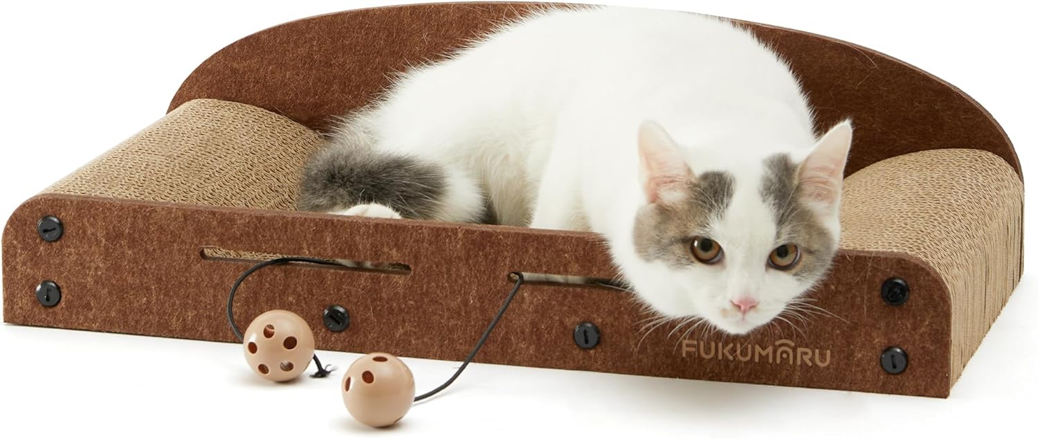 FUKUMARU Cat Scratcher Cardboard, 21 Inch Sofa Shaped Cat Scratching Boards, Durable Felt Cats Scratch Pad for Indoor Cats as Lounger Bed Sofa Couch with Bell Ball Toy