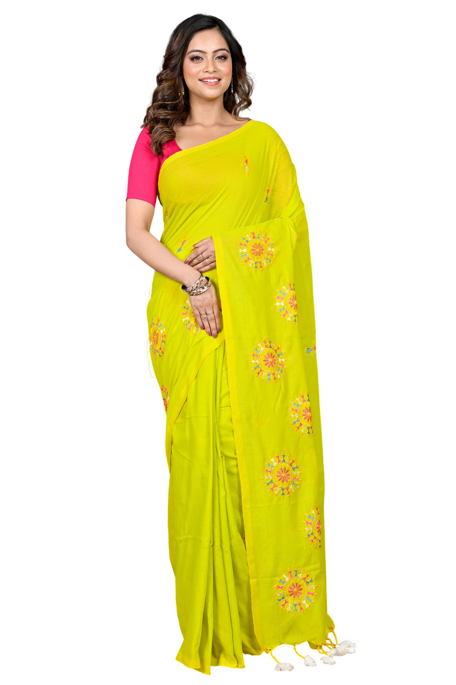 Traditional Bengal Artisan Crafted Pure Cotton Embroidery Handloom saree with blouse piece-image-4