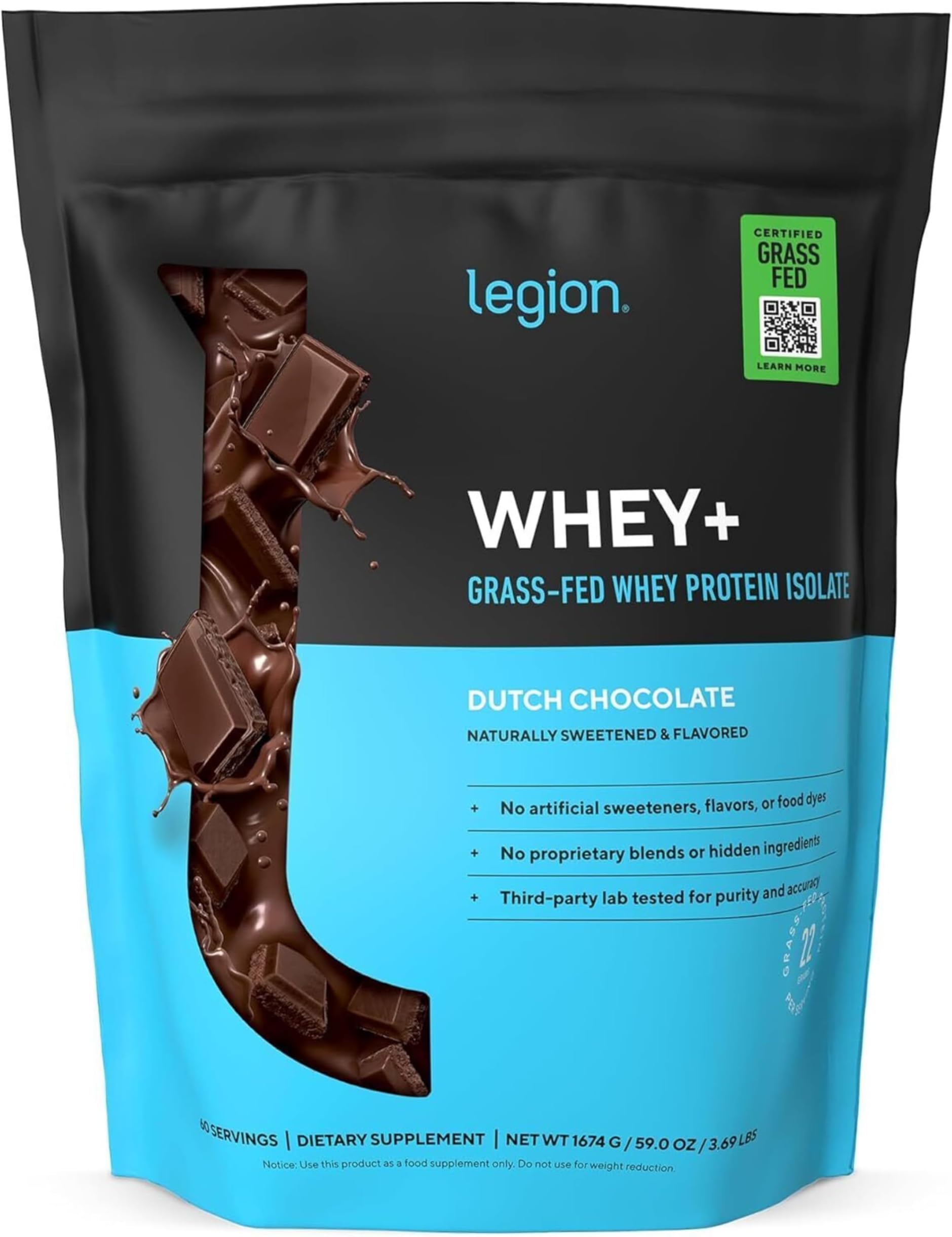 Whey+ Protein Whey Isolate from Grass Fed Cows (Chocolate, 60 Servings) - Whey Protein Isolate Powder, Low Calorie, Non-GMO, Sugar Free, Lactose and Gluten Free, All Natural Protein Powder